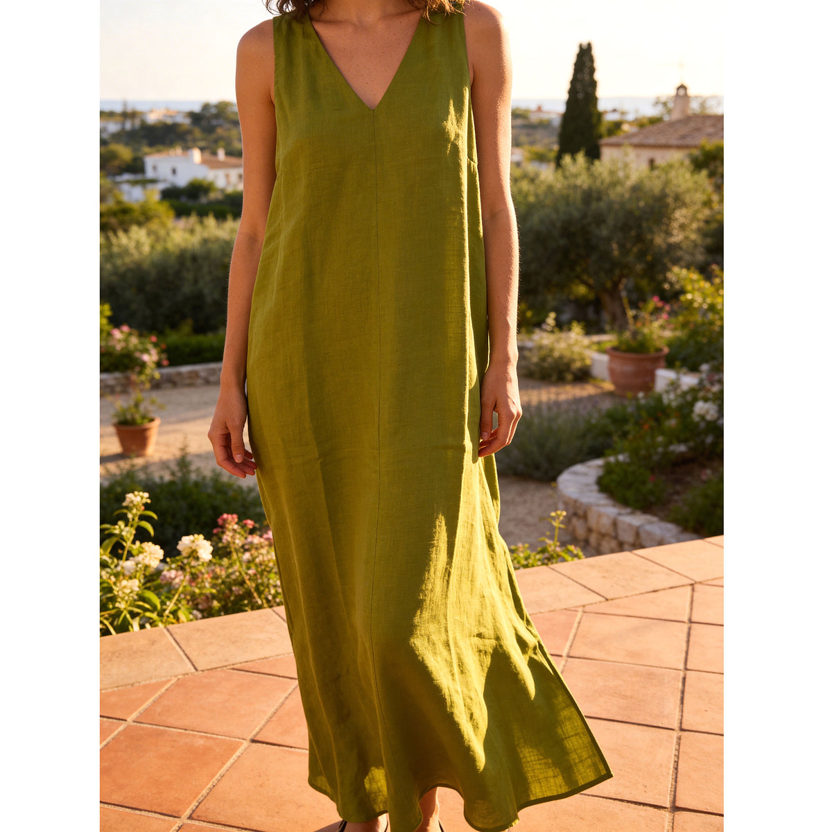 Olivia Long Dress Green Linen Viscose - Women Beachwear Hand Made In Italy SALE