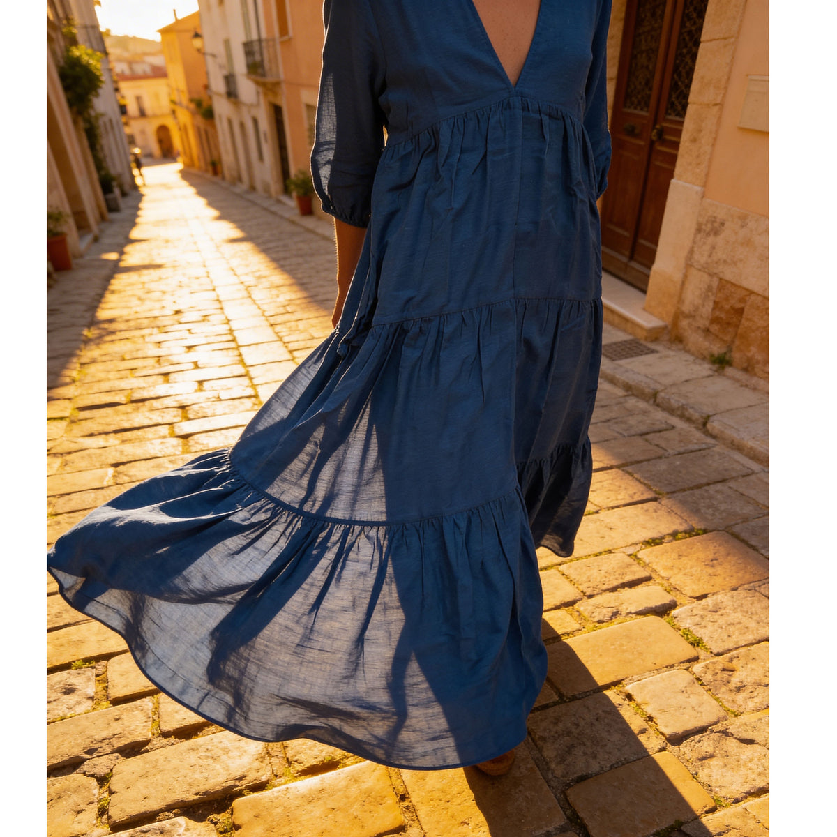 Olivia Long Dress Navy Blue Linen Blend L - Hand Made In Italy REDUCED - SALE