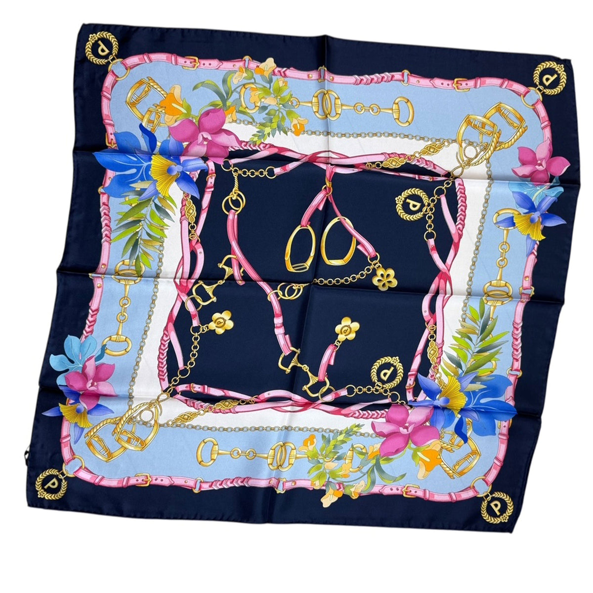 Polllini Scarf Navy Equestrian &amp; Floral Design - Silk Square 26&quot; Foulard - Made In Italy