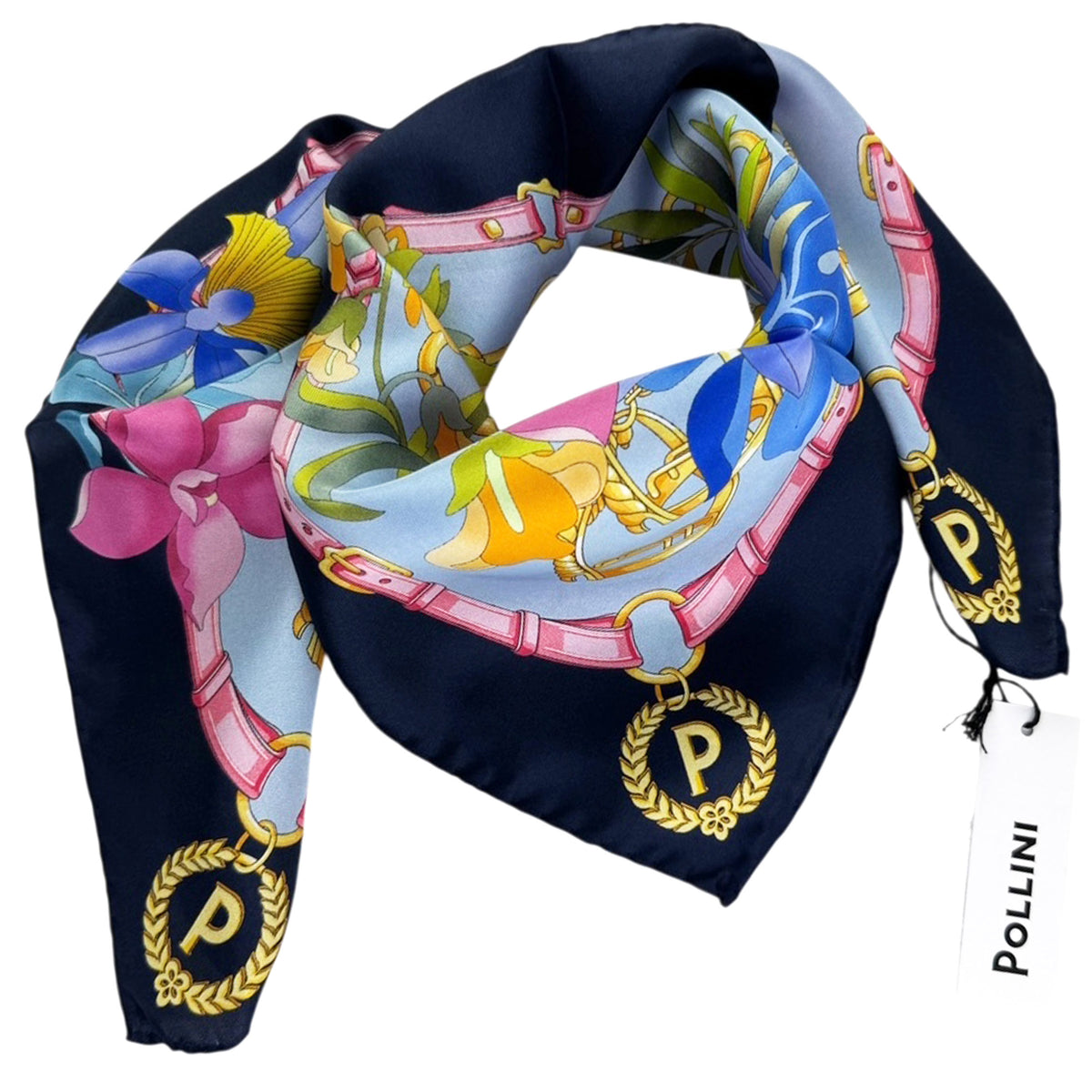 Polllini Scarf Navy Design - Silk Square 26&quot; Foulard - Made In Italy