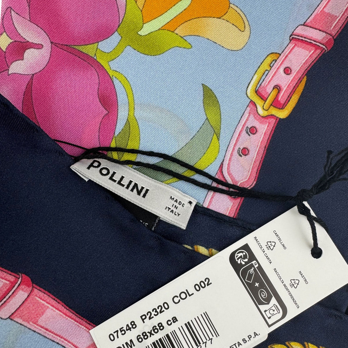 Polllini Scarf Navy Equestrian &amp; Floral Design - Silk Square 26&quot; Foulard - Made In Italy