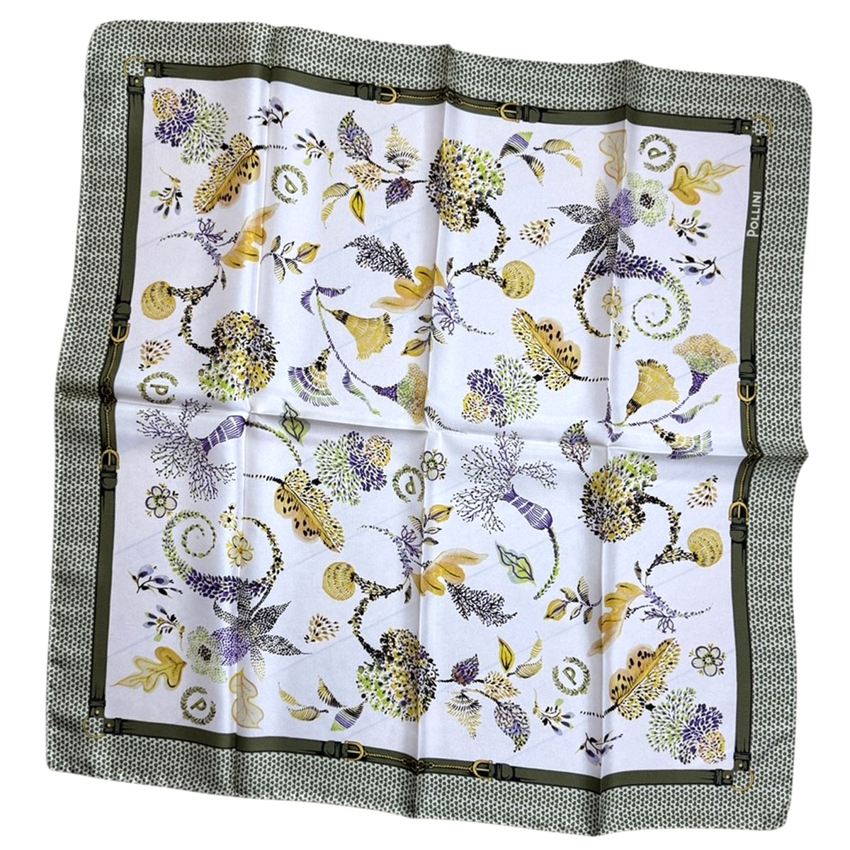 Polllini Scarf Green Floral - Silk Square 26&quot; Foulard - Made In Italy