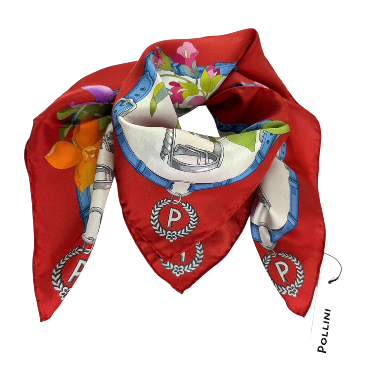 Polllini Scarf Red Equestrian &amp; Floral Design 