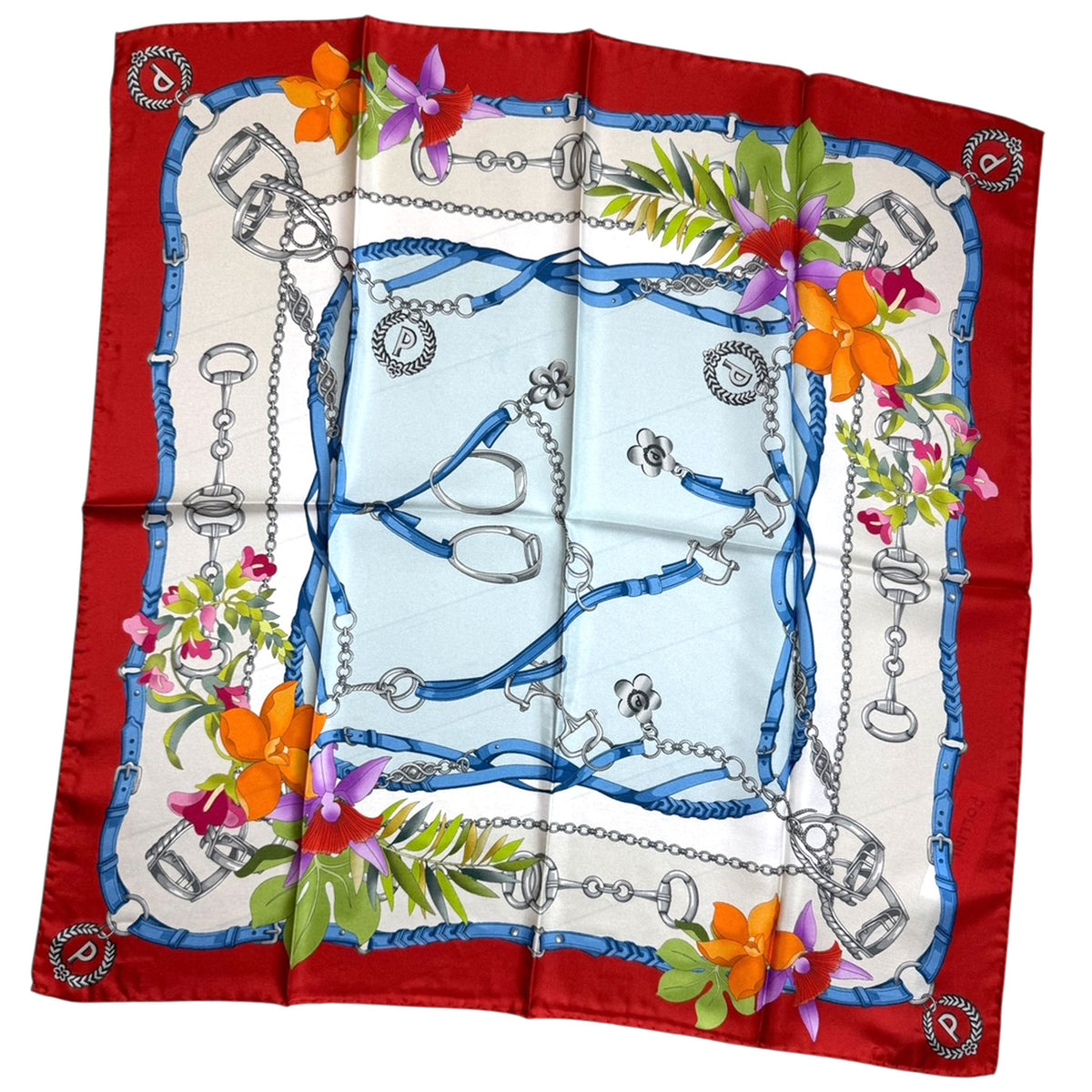 Polllini Scarf Red Equestrian &amp; Floral Design - Silk Square 26&quot; Foulard - Made In Italy