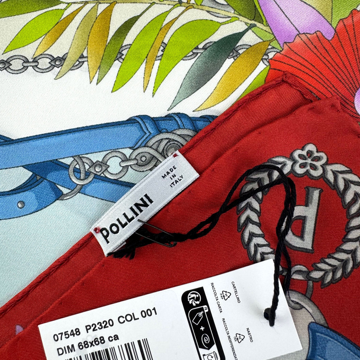 Polllini Scarf Red Equestrian &amp; Floral Design - Silk Square 26&quot; Foulard - Made In Italy