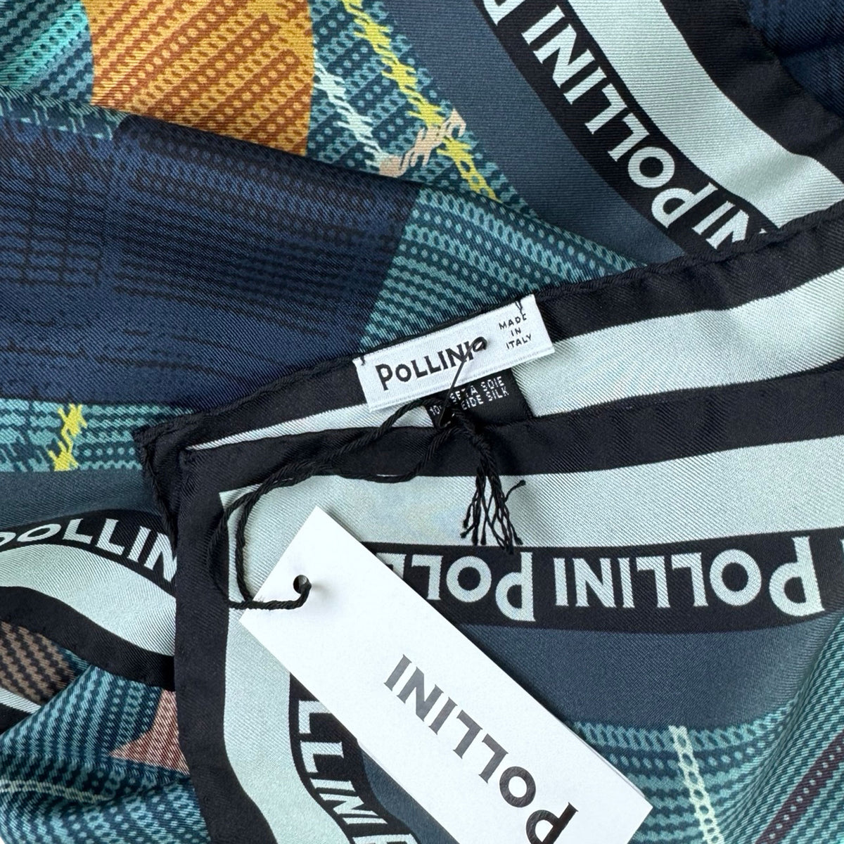 Pollini Silk Scarf Teal Plaid Logo Design - Large Square 36" Foulard