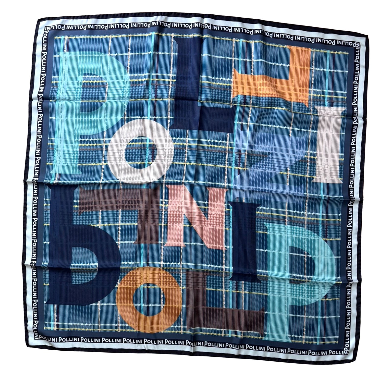 Pollini Silk Scarf Teal Plaid Logo Design - Large Square 36" Foulard