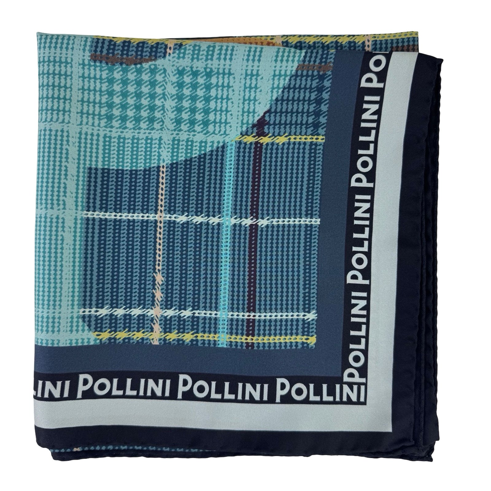 Pollini Silk Scarf Teal Plaid Logo Design - Large Square 36" Foulard