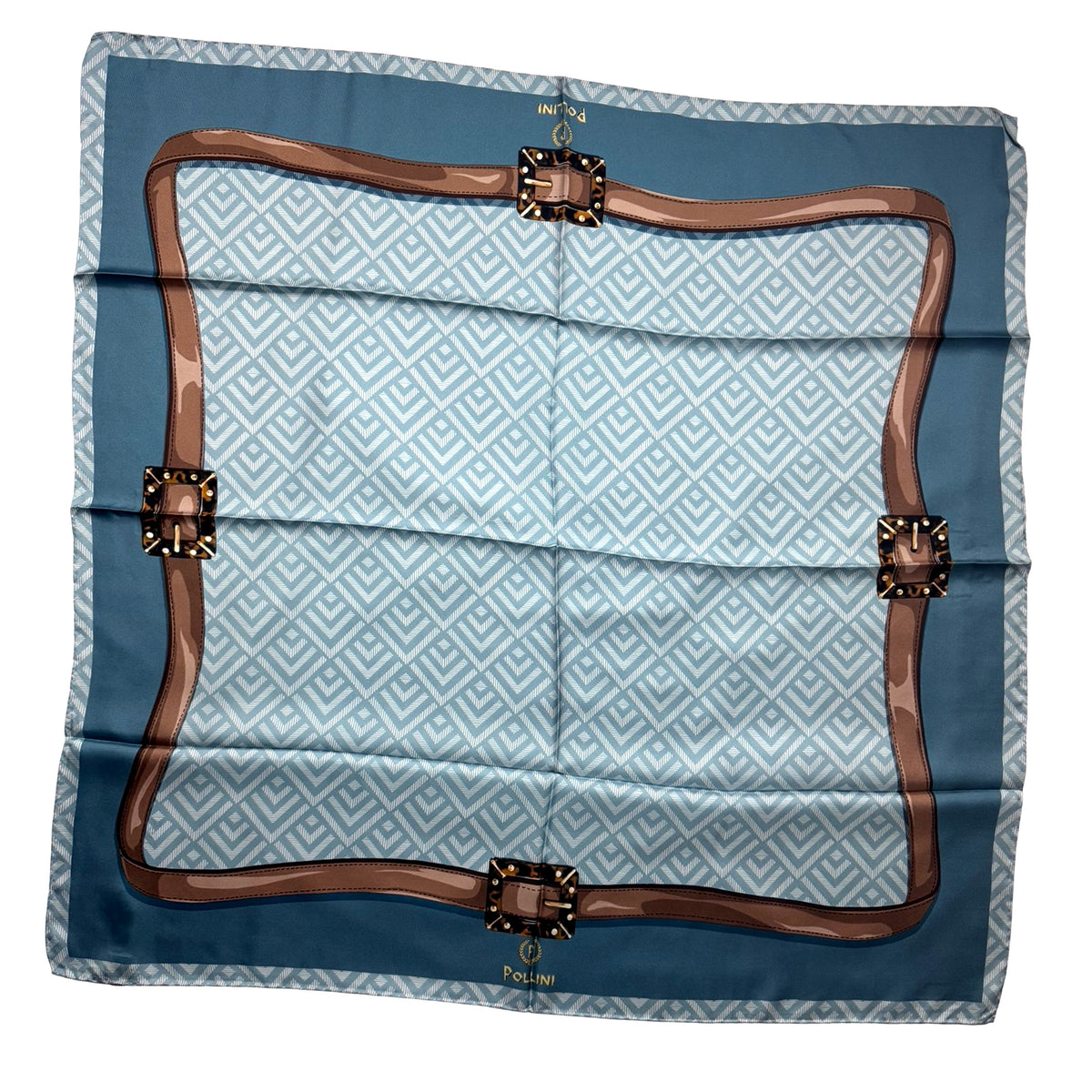 Pollini Silk Scarf Metal Blue Brown Belt Design - Made In Italy