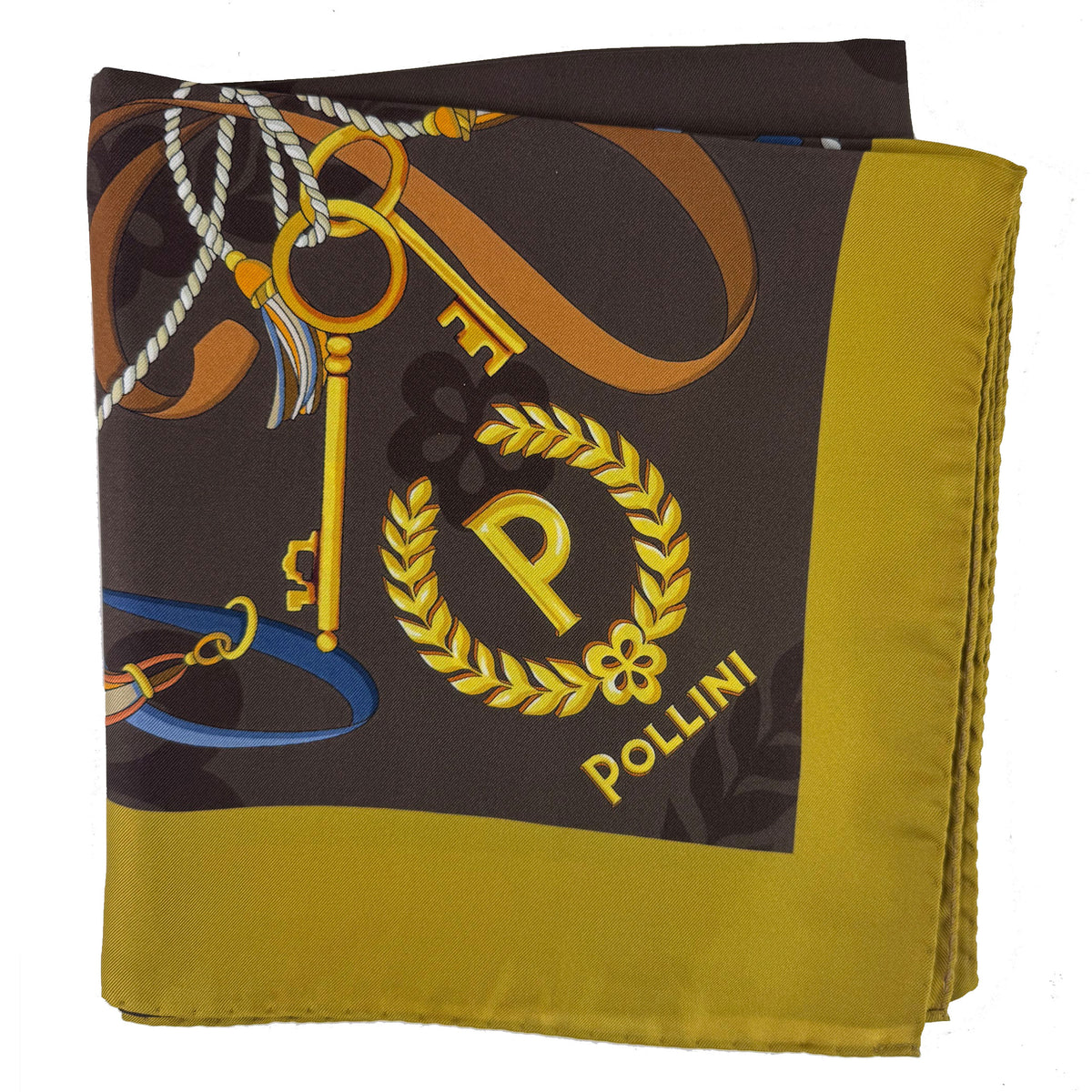 Pollini Silk Scarf Brown Olive Charms Design - Large Square 36" Foulard