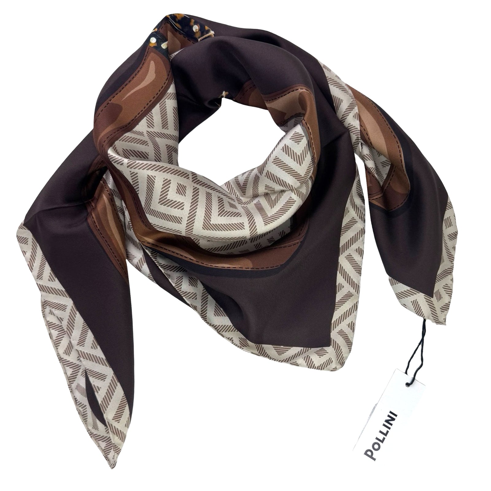 Pollini Scarf Beige Brown Belt Design - Silk Square Foulard