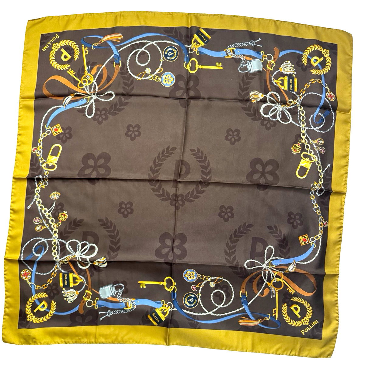 Pollini Silk Scarf Brown Olive Charms Design - Large Square 36" Foulard