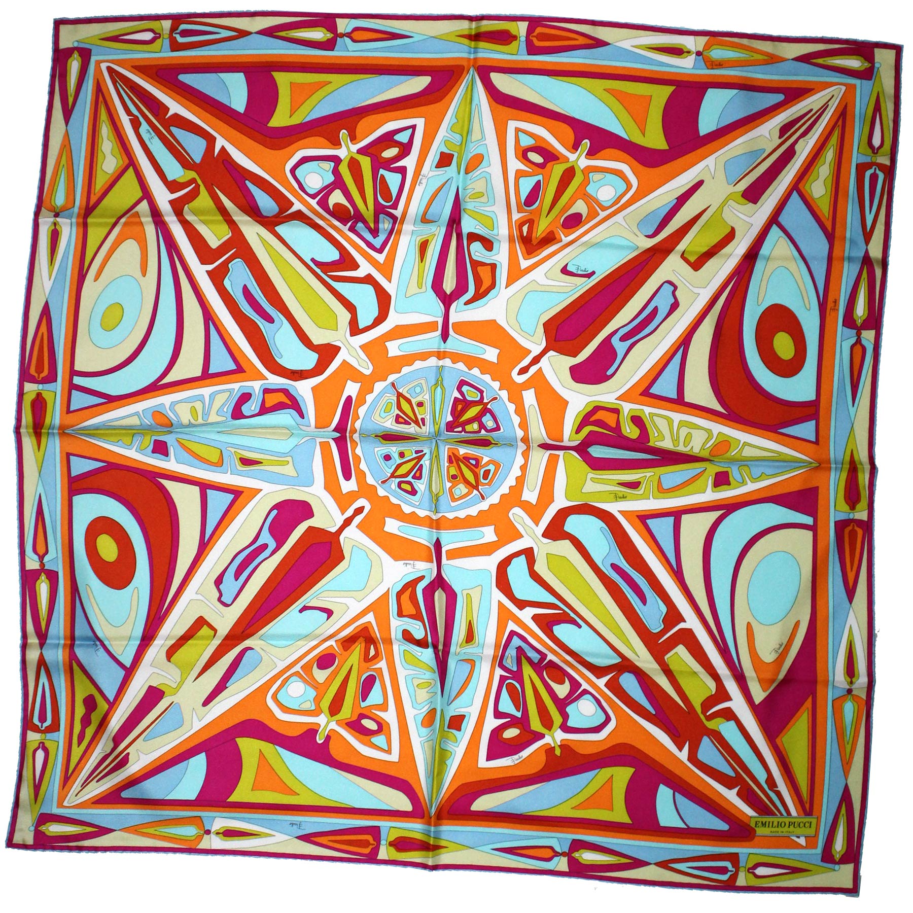 Emilio Pucci Scarf Pink Orange Blue Medallions Design - Large Twill Silk Square Scarf