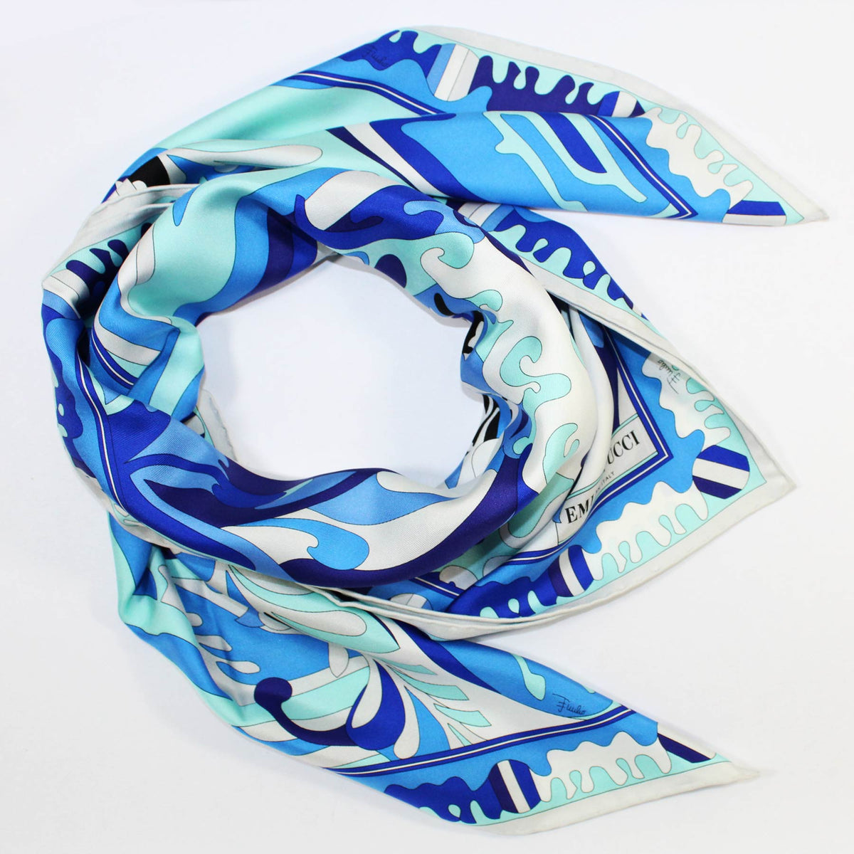 Emilio Pucci Scarf Royal Blue White Design - Large 36 Inch Twill Silk Square Scarf