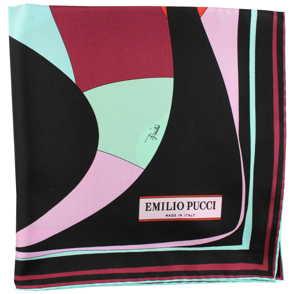 Emilio Pucci Scarf Black Maroon Turquoise - 36 Inch Twill Silk Square Foulard