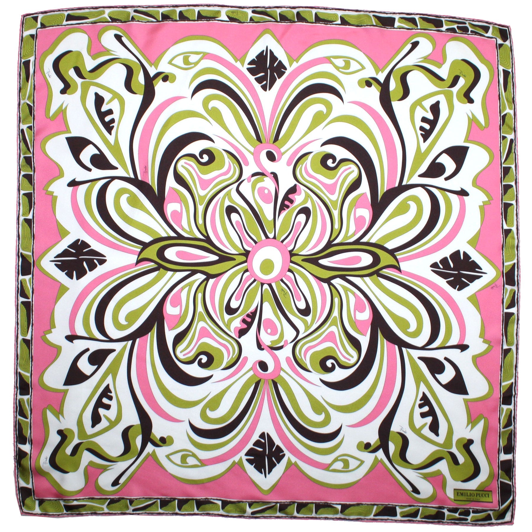 Emilio Pucci Scarf Pink Lime Black Swirl - Twill Silk Square Foulard