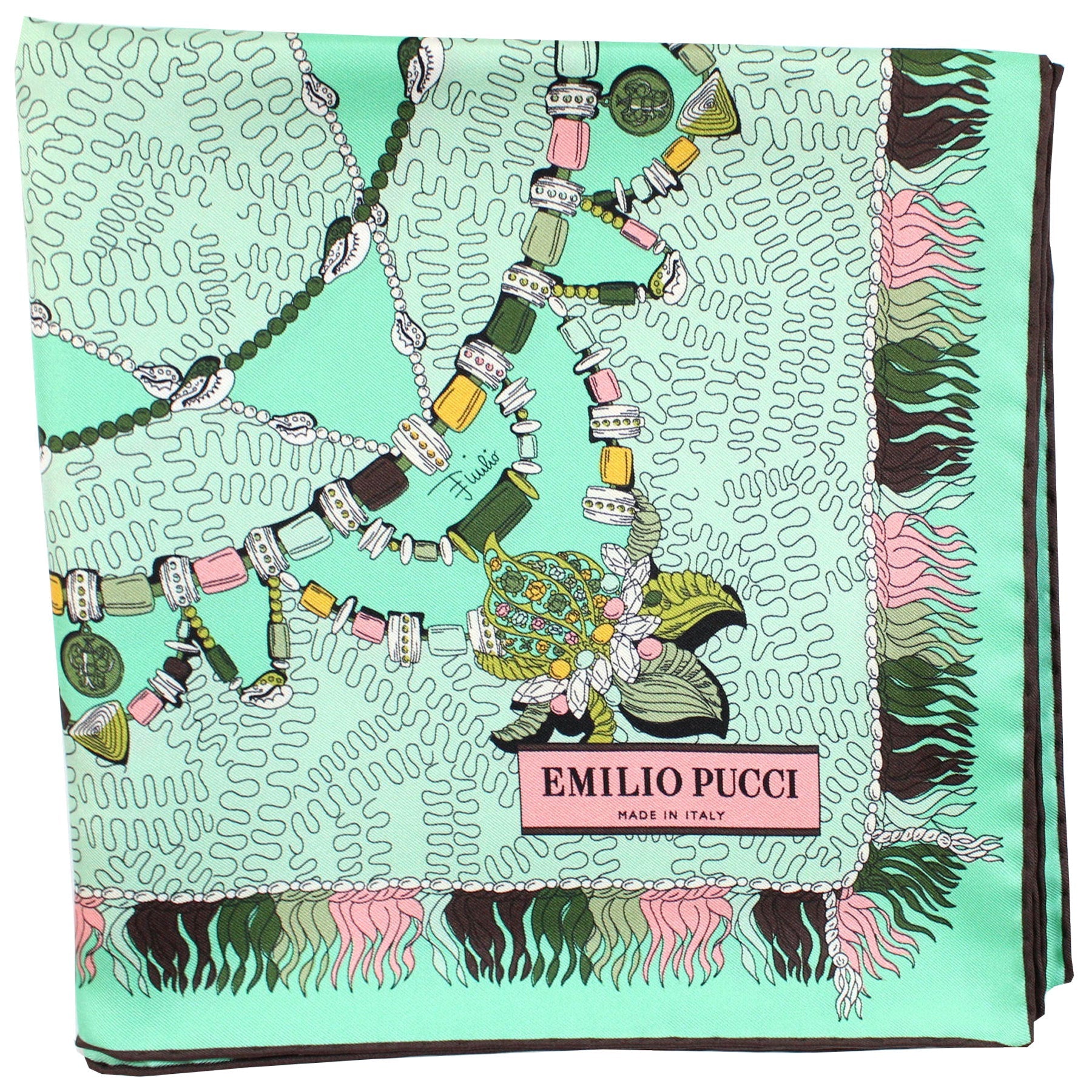Emilio Pucci Scarf Mint Green Necklace Beads - Twill Silk Square Foulard