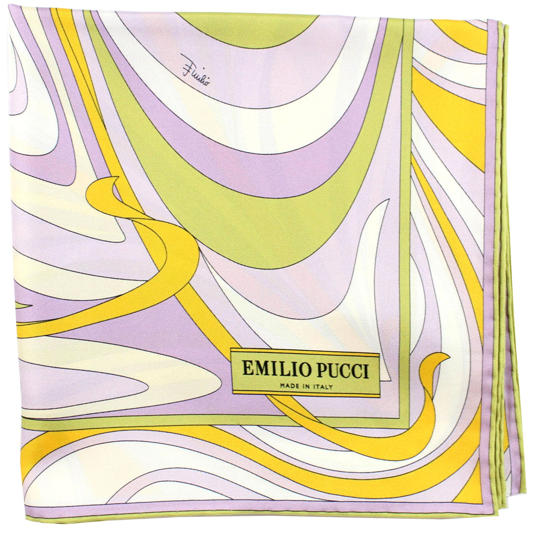Emilio Pucci Scarf Yellow Lilac Green Swirl - Twill Silk Square Foulard