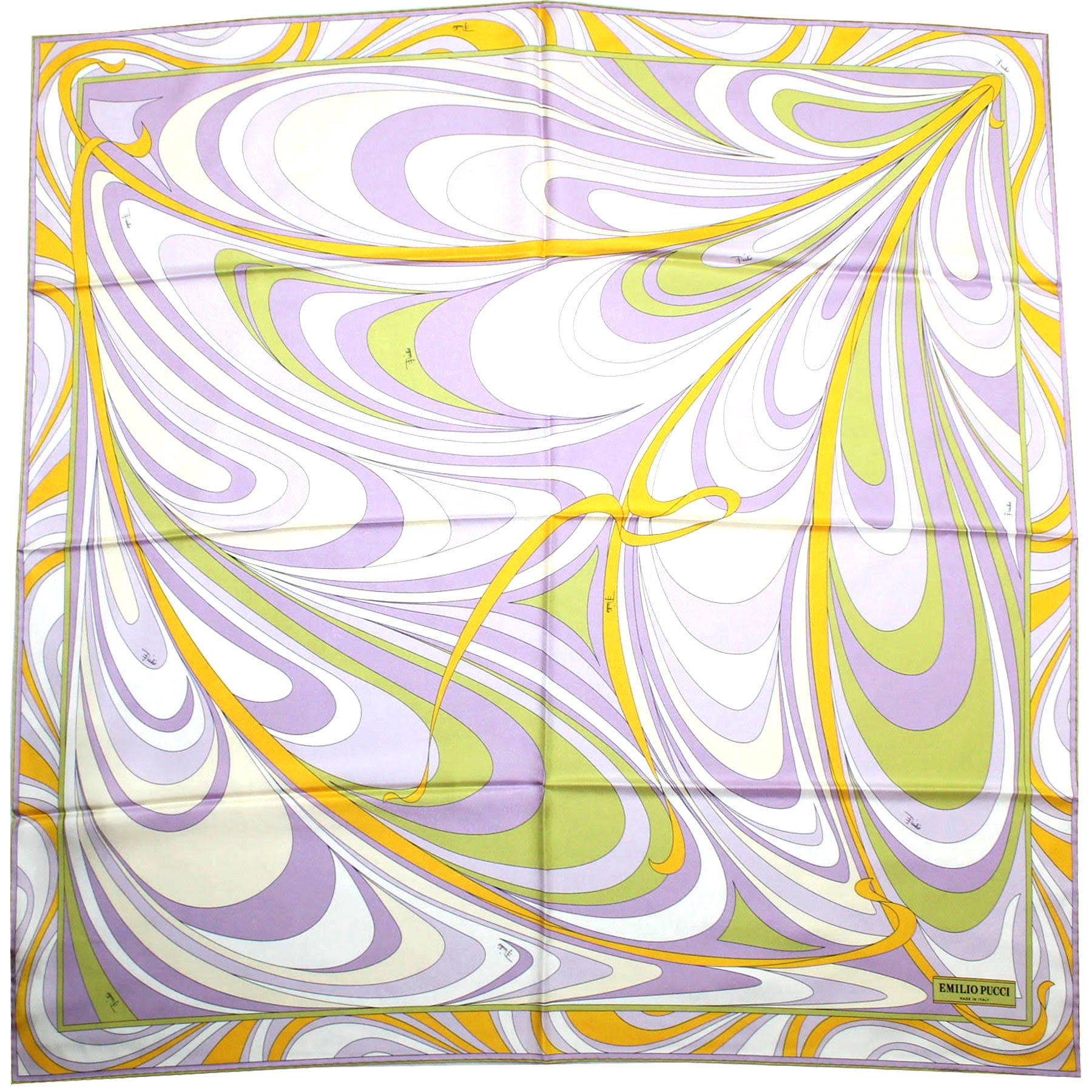 Emilio Pucci Scarf Yellow Lilac Green Swirl - Twill Silk Square Foulard