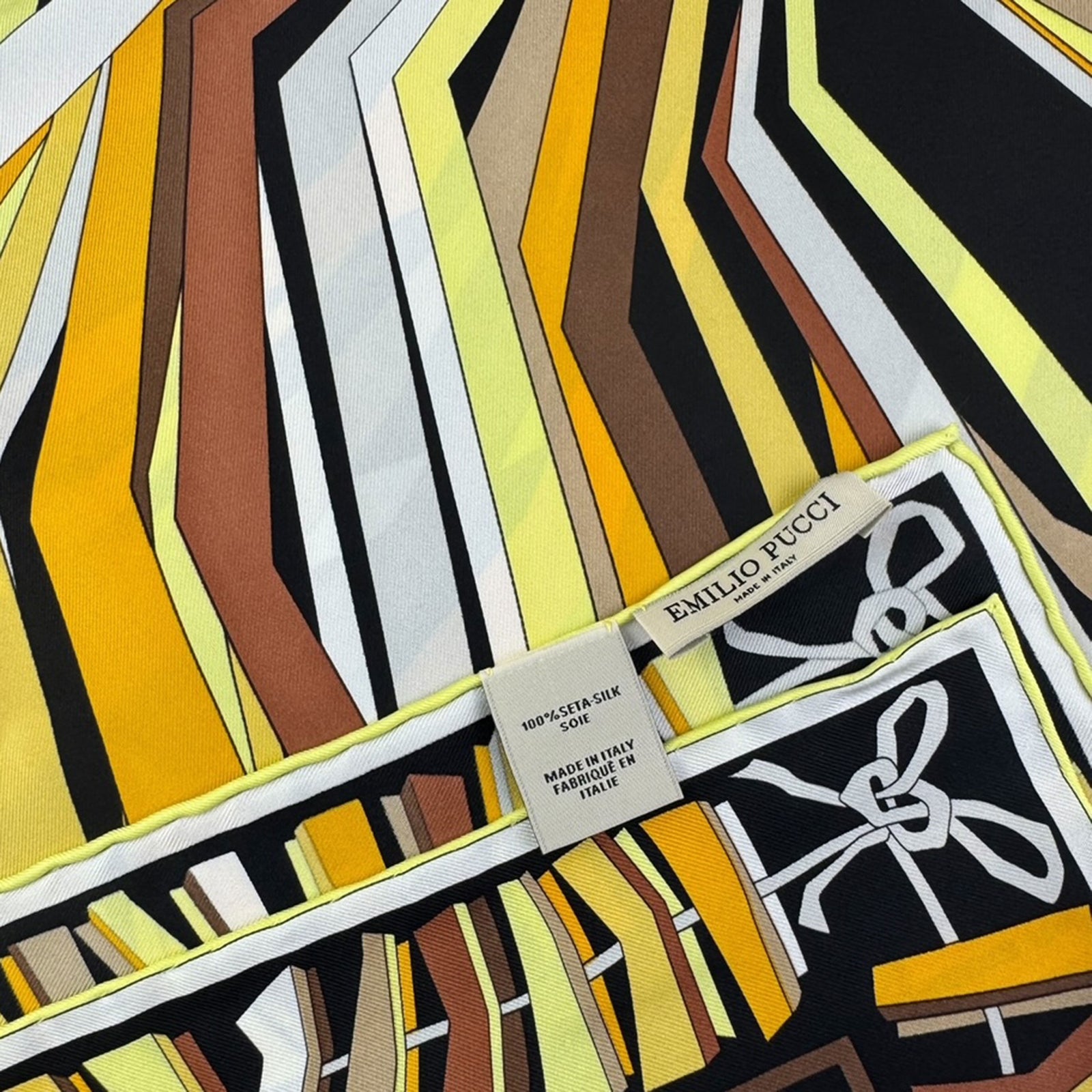 Emilio Pucci Scarf Gray Yellow Brown Design - Twill Silk Square Scarf