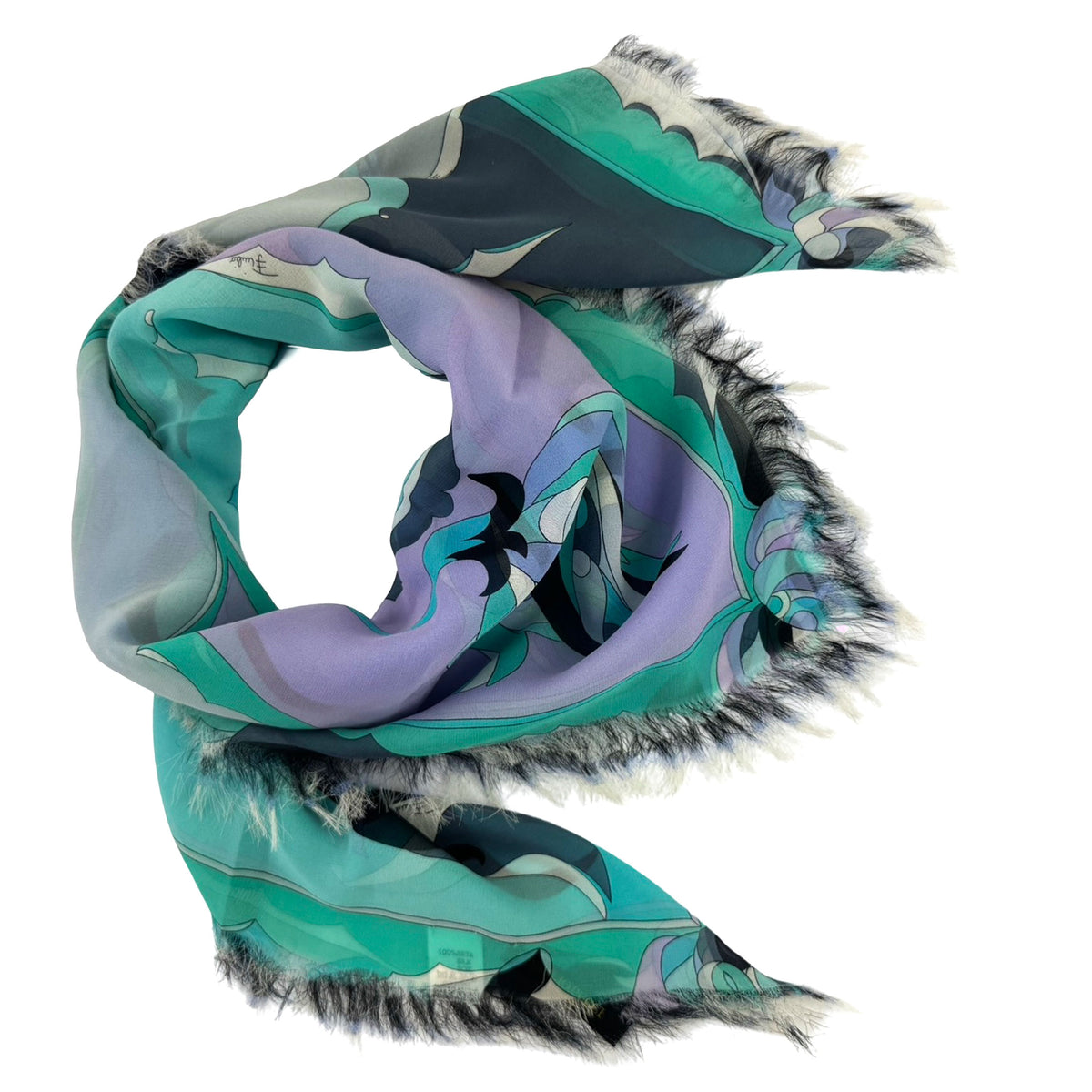 Emilio Pucci Scarf Aqua Lilac Design Fringe - Silk Square Foulard