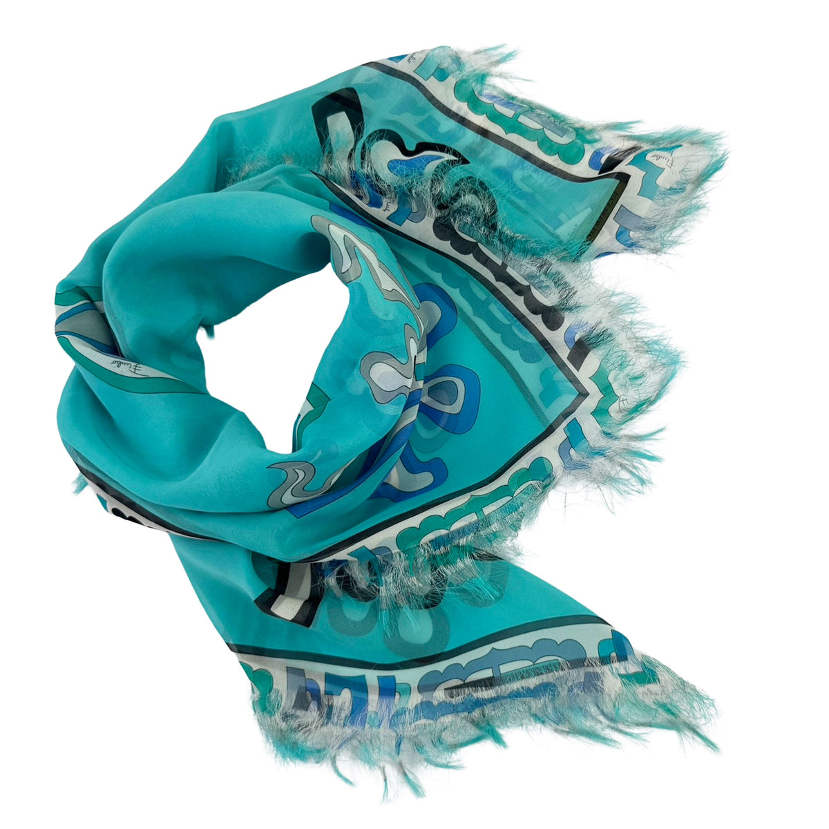 Pucci Scarf Aqua Blue Floral Fringe - Silk Square Foulard