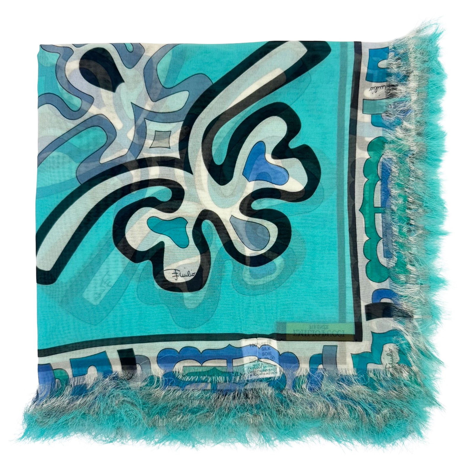 Emilio Pucci Scarf Aqua Blue Floral Fringe - Silk Square Foulard