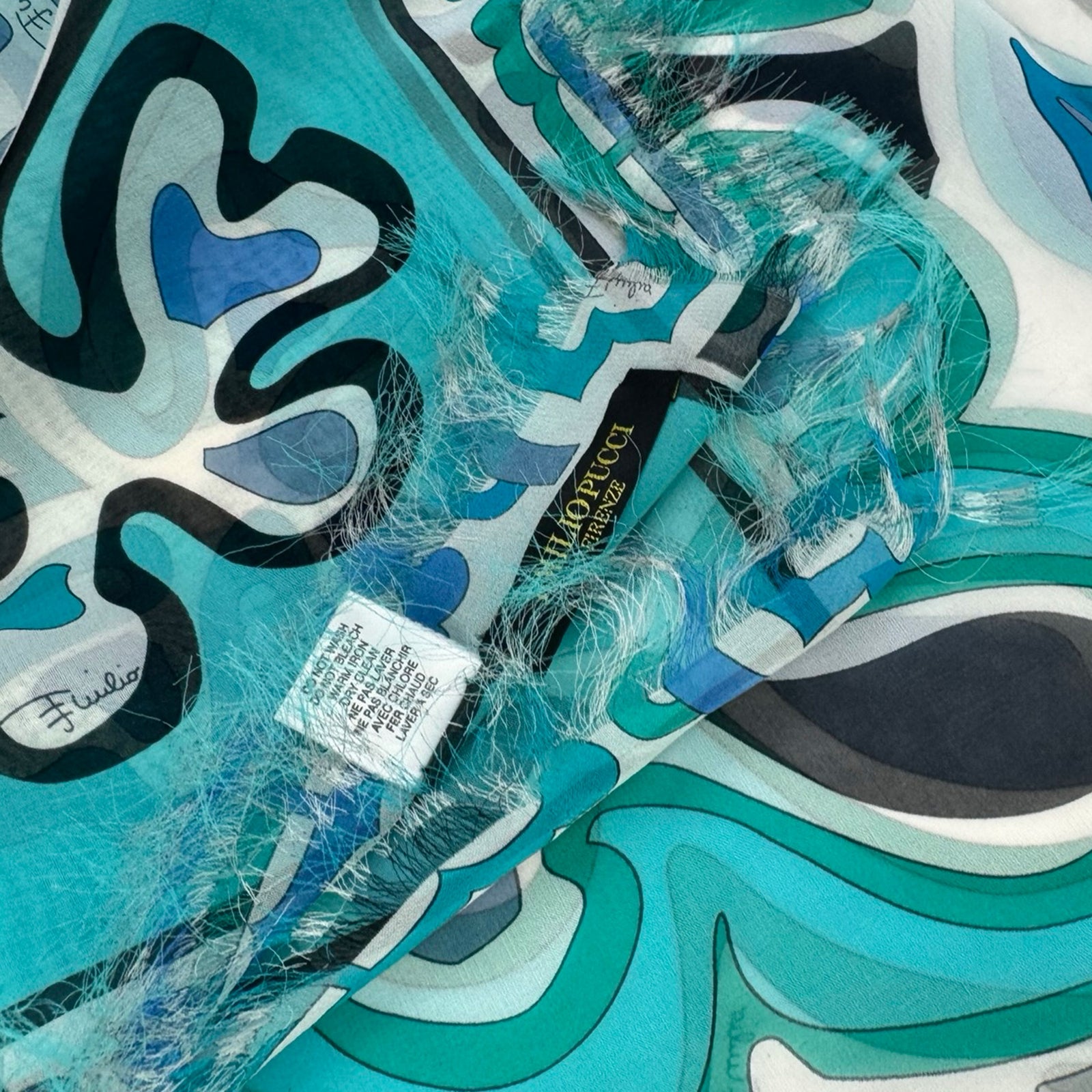 Emilio Pucci Scarf Aqua Blue Floral Fringe - Silk Square Foulard