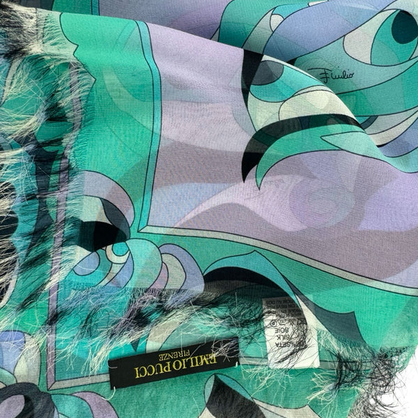 Emilio Pucci Scarf Aqua Lilac Design Fringe - Silk Square Foulard