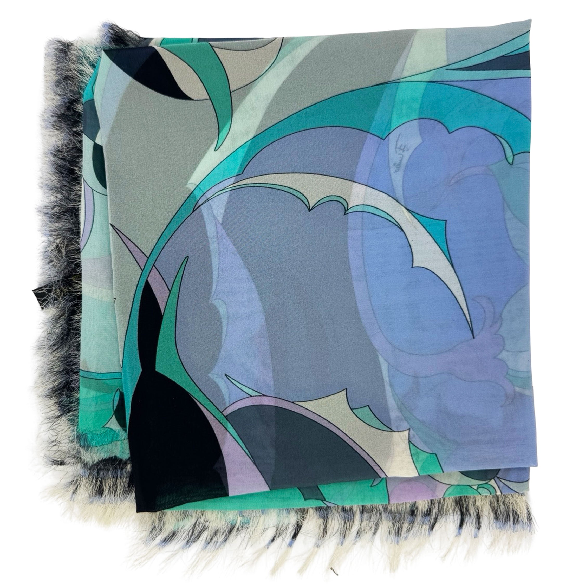 Emilio Pucci Scarf Aqua Lilac Design Fringe - Silk Square Foulard