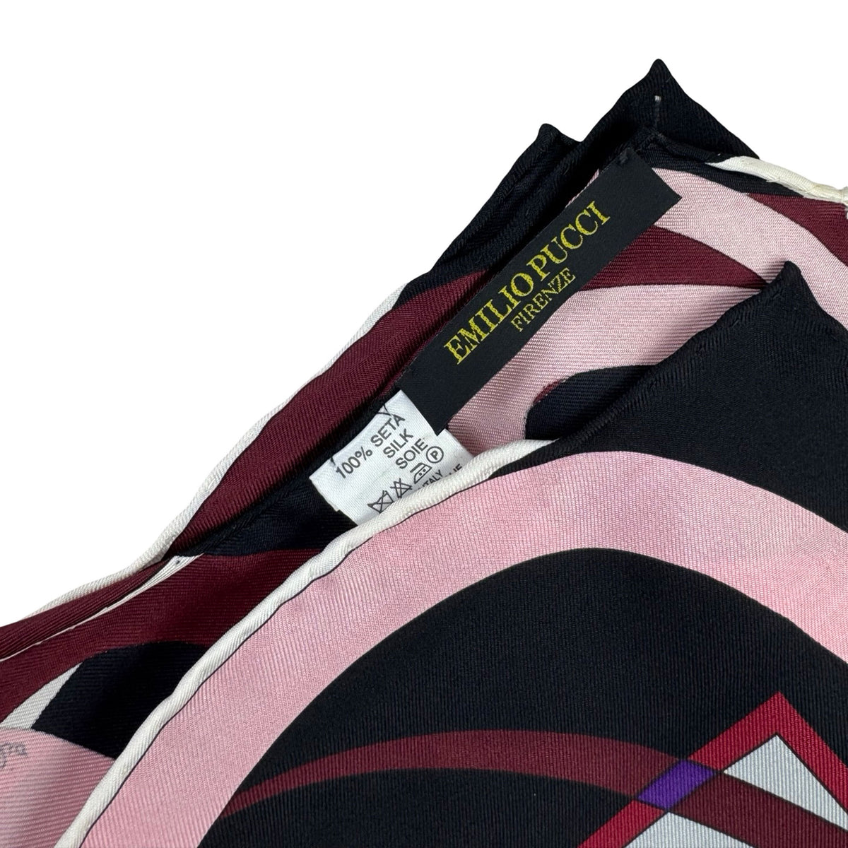 Emilio Pucci Scarf Pink Brown Signature Design - Silk Square Foulard With Curvy Border
