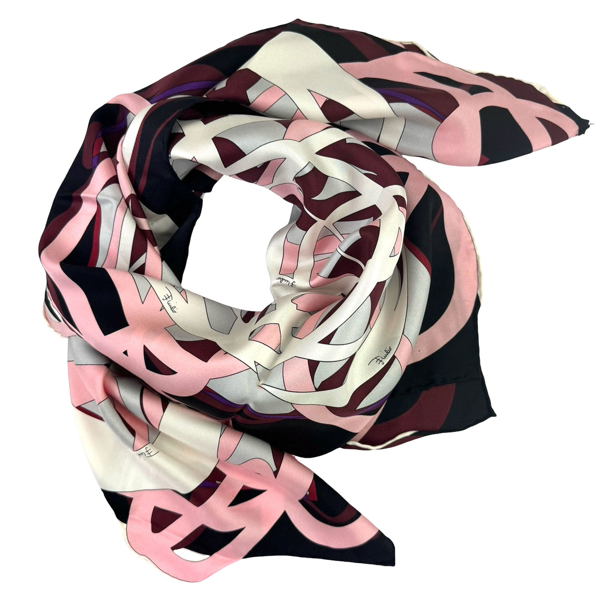 Emilio Pucci Scarf Pink Brown Signature Design - Silk Square Foulard With Curvy Border