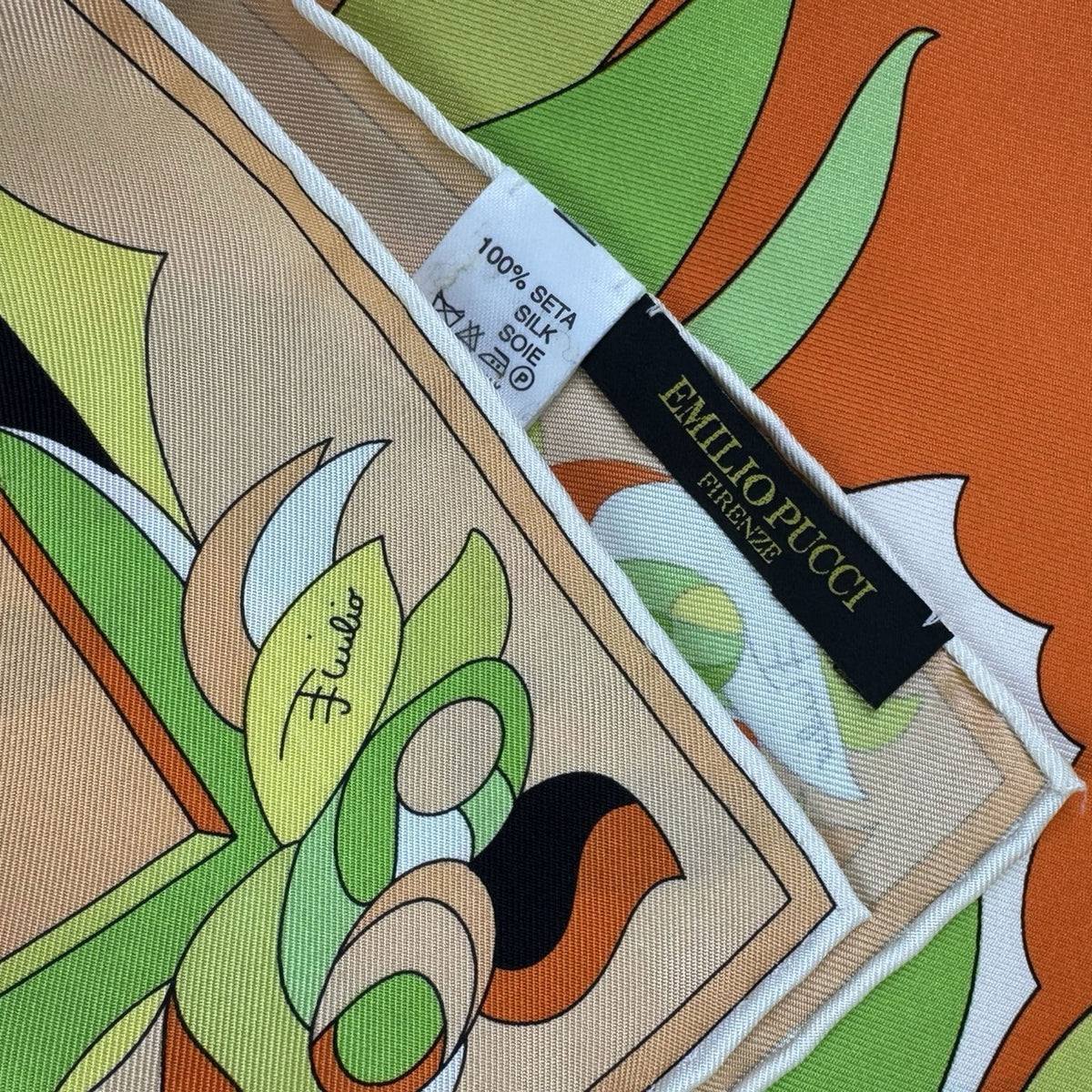 Emilio Pucci Scarf Lime Orange Design - Silk Square Foulard