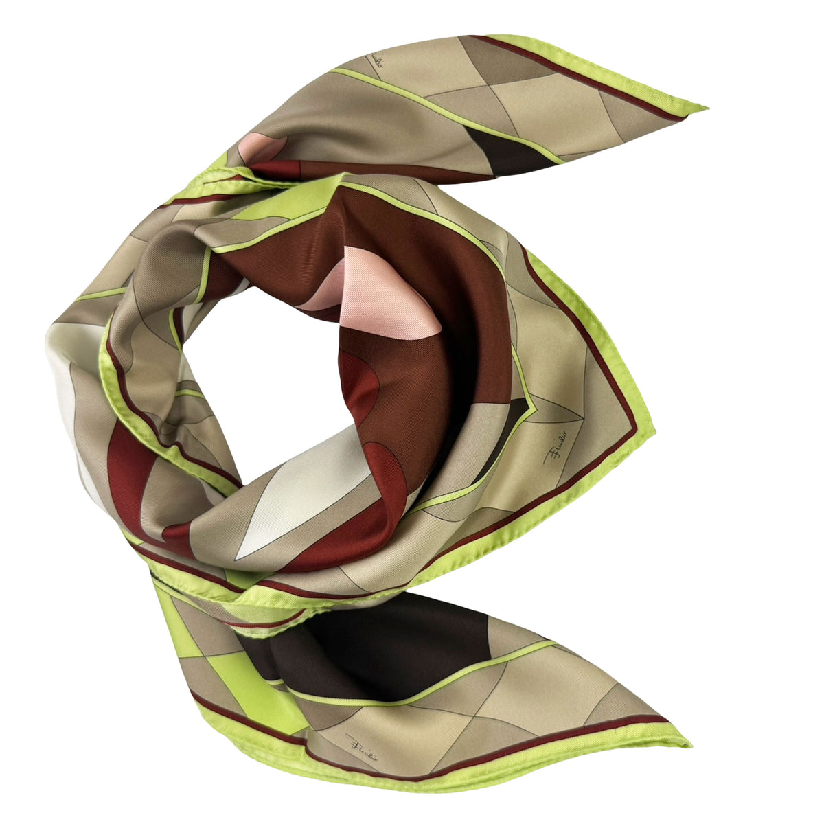 Emilio Pucci Scarf Taupe Brown Lime - Twill Silk Square Foulard