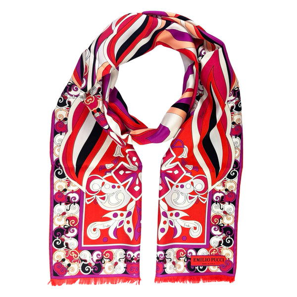 【EMILIO PUCCI】シルクスカーフ Emilio Pucci Scarf Red Purple Design - Silk Fringe Shawl SALE