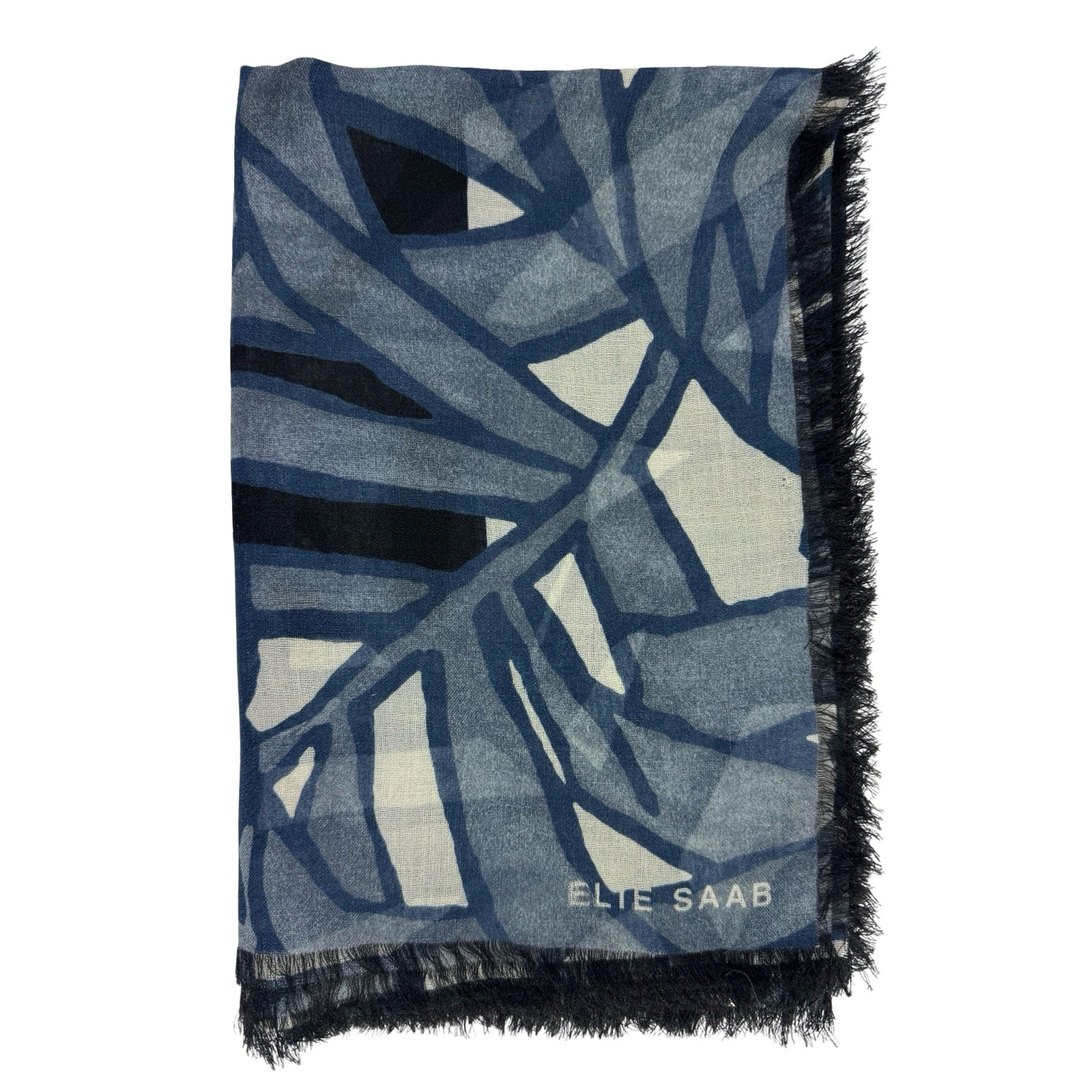 Elie Saab Scarf Blue Leaves Design - Extra Large Wool Shawl