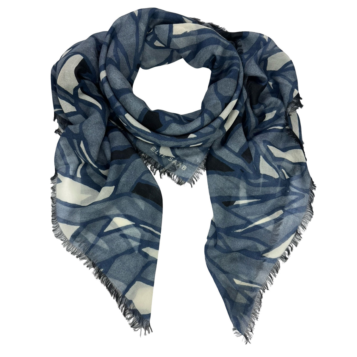 Elie Saab Scarf Blue Leaves Design - Extra Large Wool Shawl