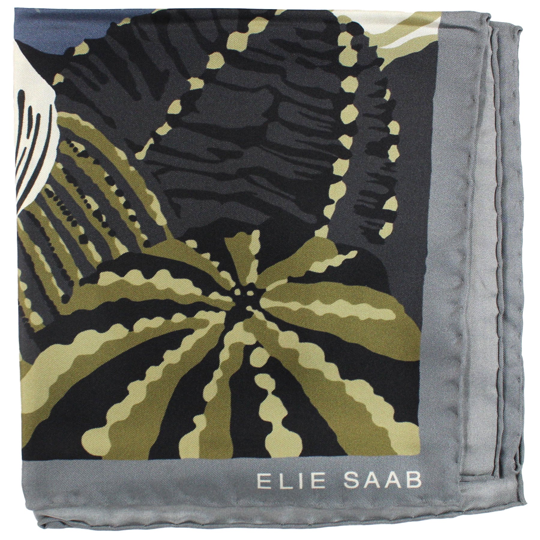 Elie Saab Silk Scarf Gray Green Floral - 36 Inch Square Twill Silk Foulard