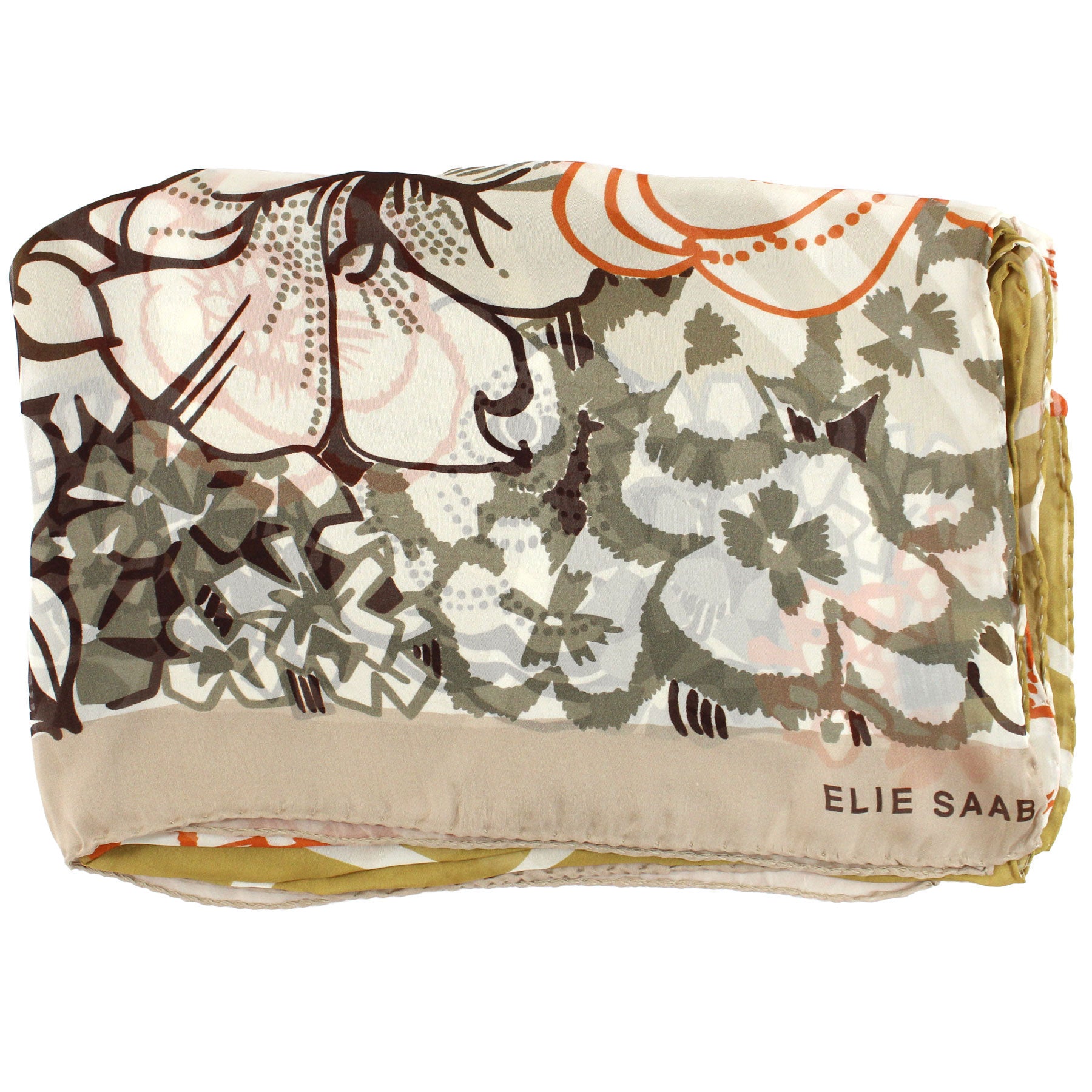 Elie Saab Scarf Gray Orange Beige Floral Design - Chiffon Silk Wool Shawl