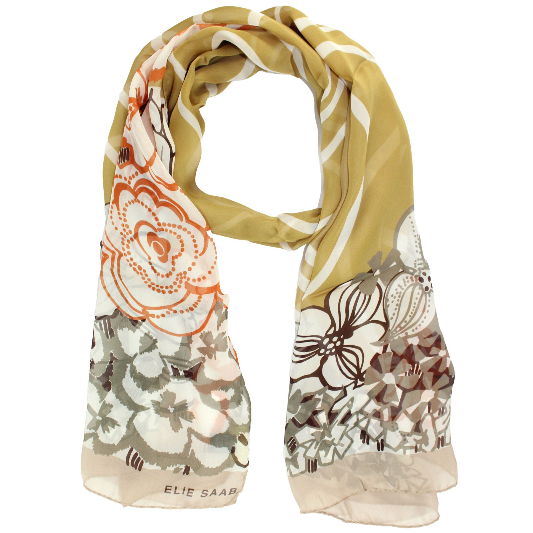 Elie Saab Scarf Gray Orange Beige Floral Design - Chiffon Silk Wool Shawl