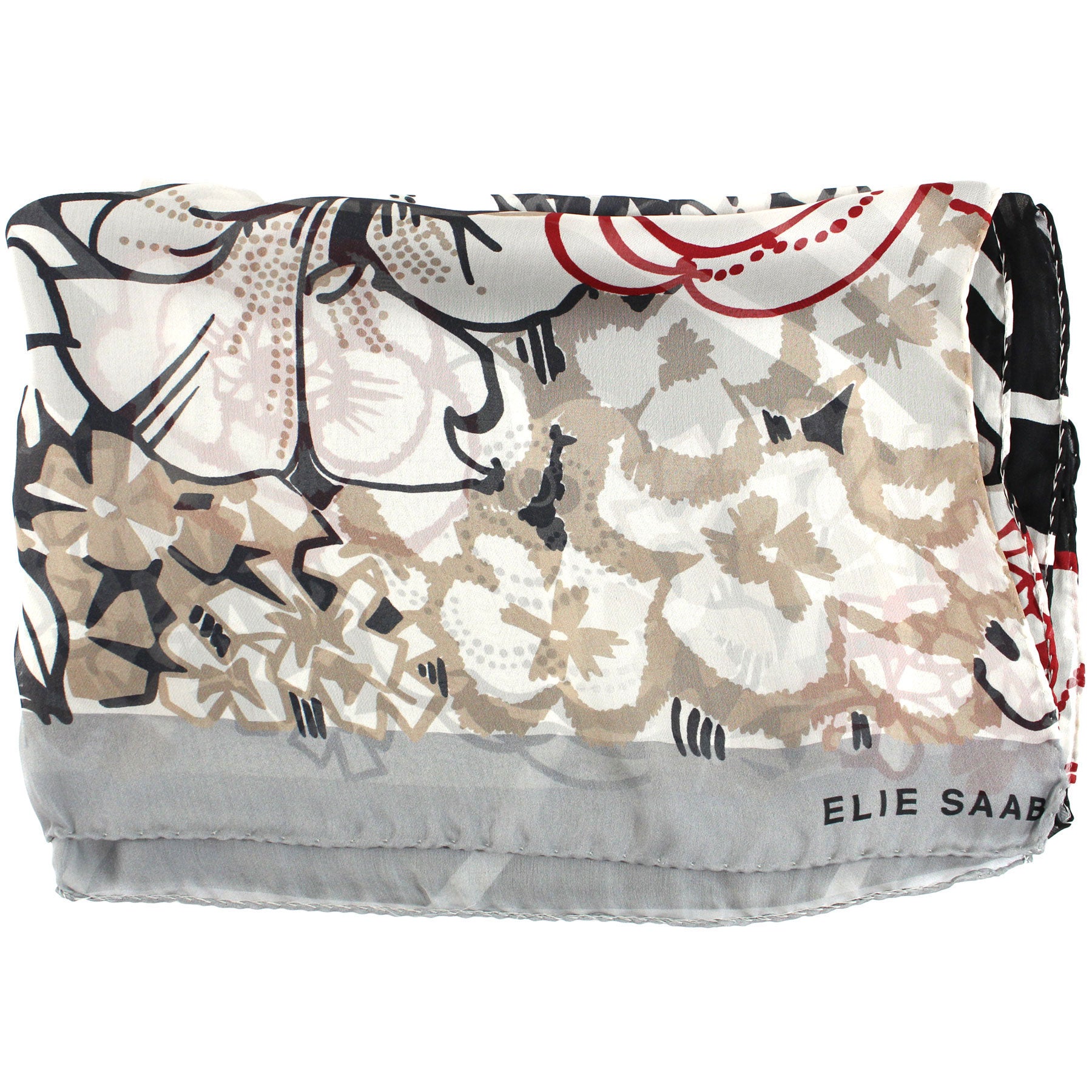 Elie Saab Scarf Gray Beige Red Floral Design - Chiffon Silk Shawl