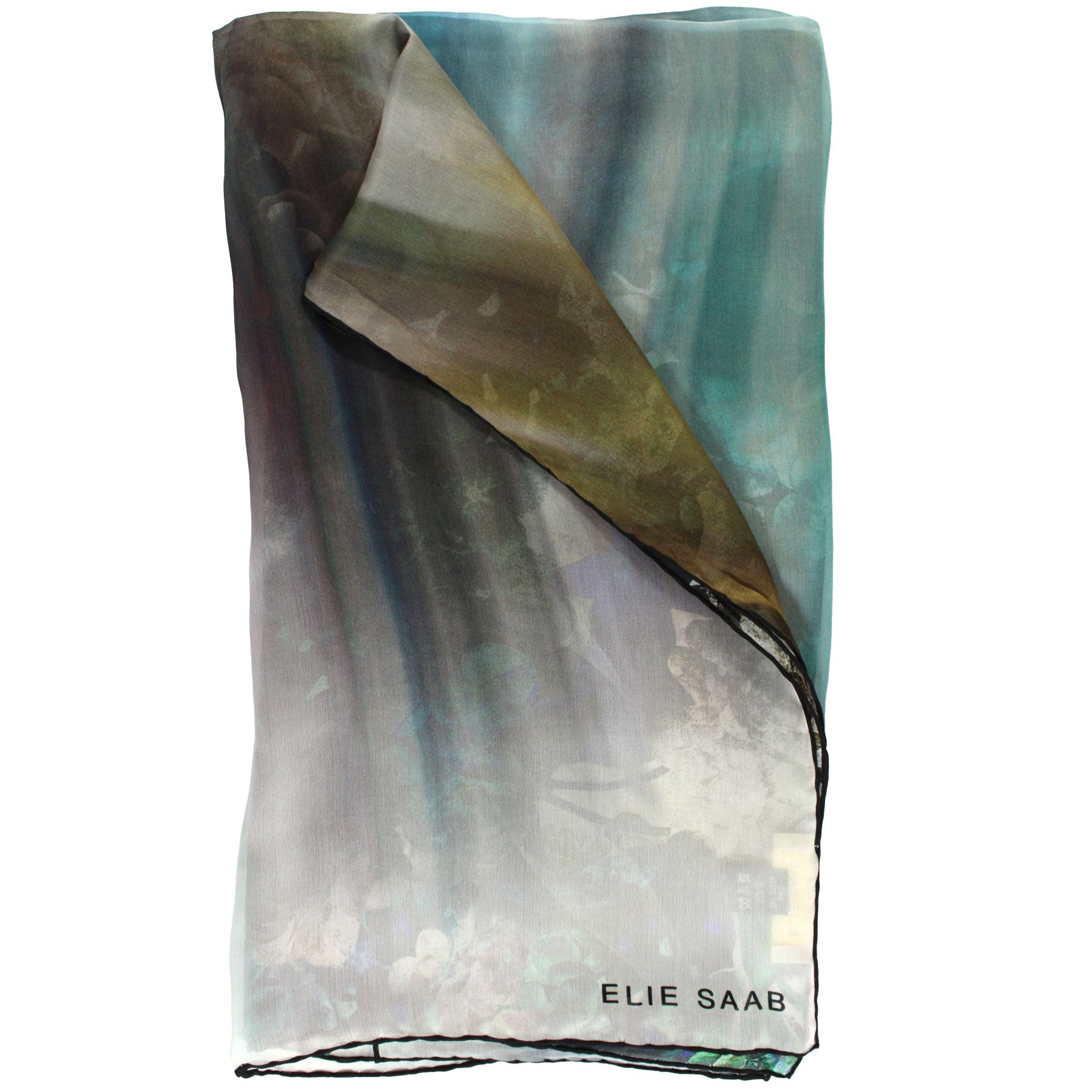 Elie Saab Scarf Gray Turquoise Blue Floral Design - Chiffon Silk Shawl