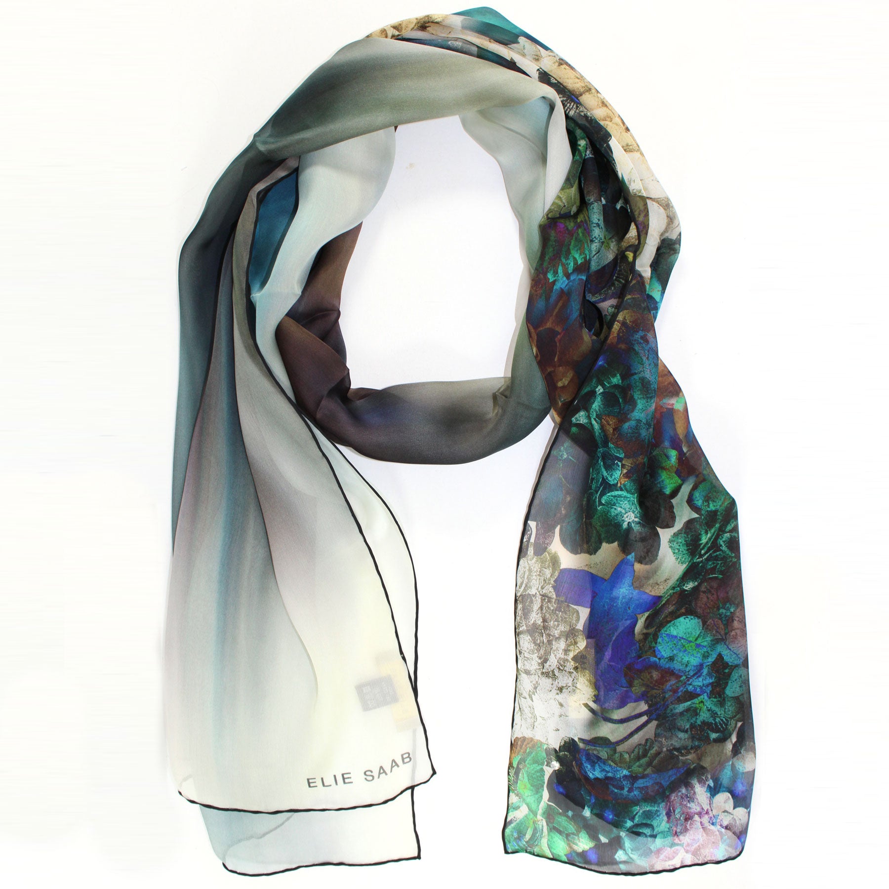 Elie Saab Scarf Gray Turquoise Blue Floral Design - Chiffon Silk Shawl