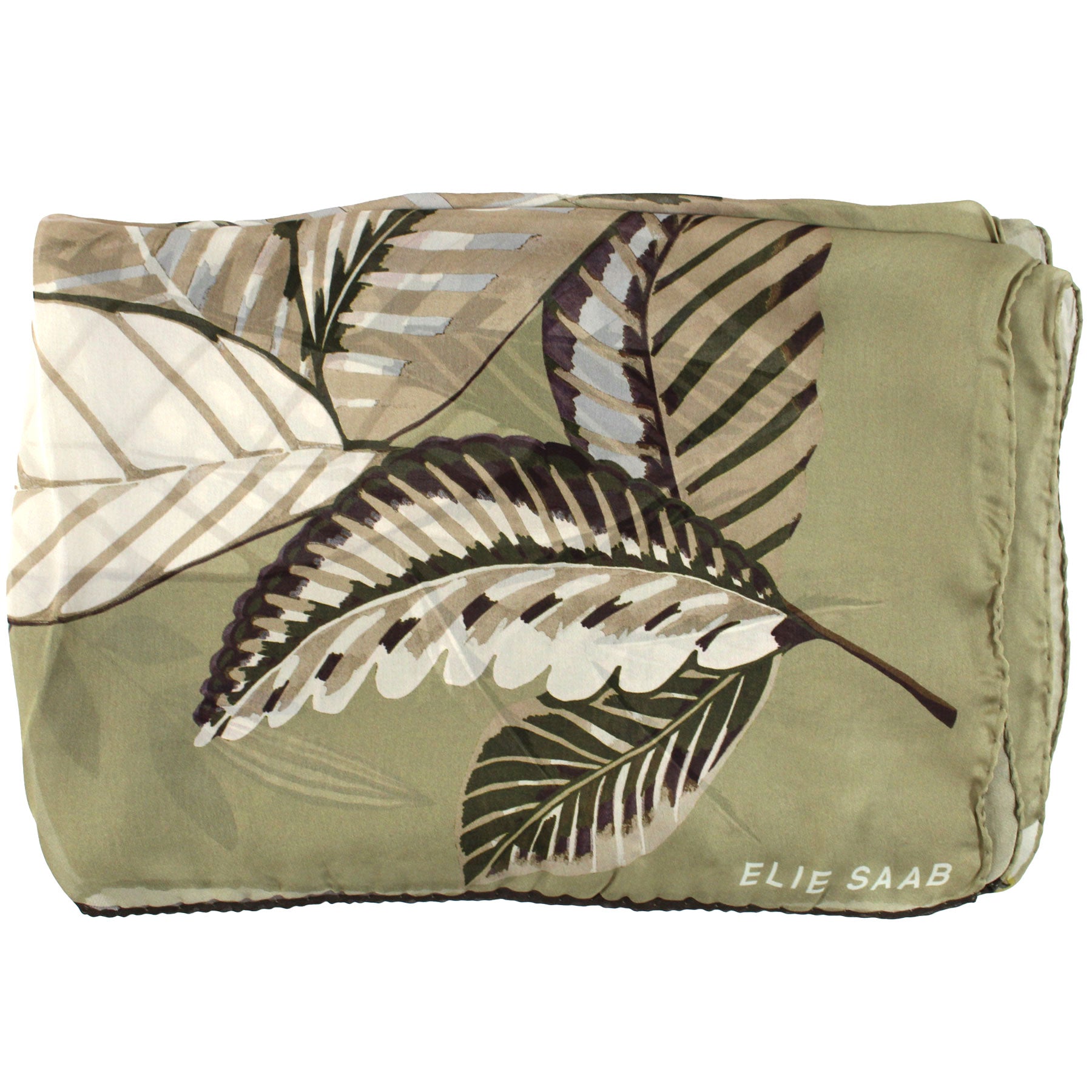 Elie Saab Scarf Olive Beige Leaves Design - Chiffon Silk Shawl