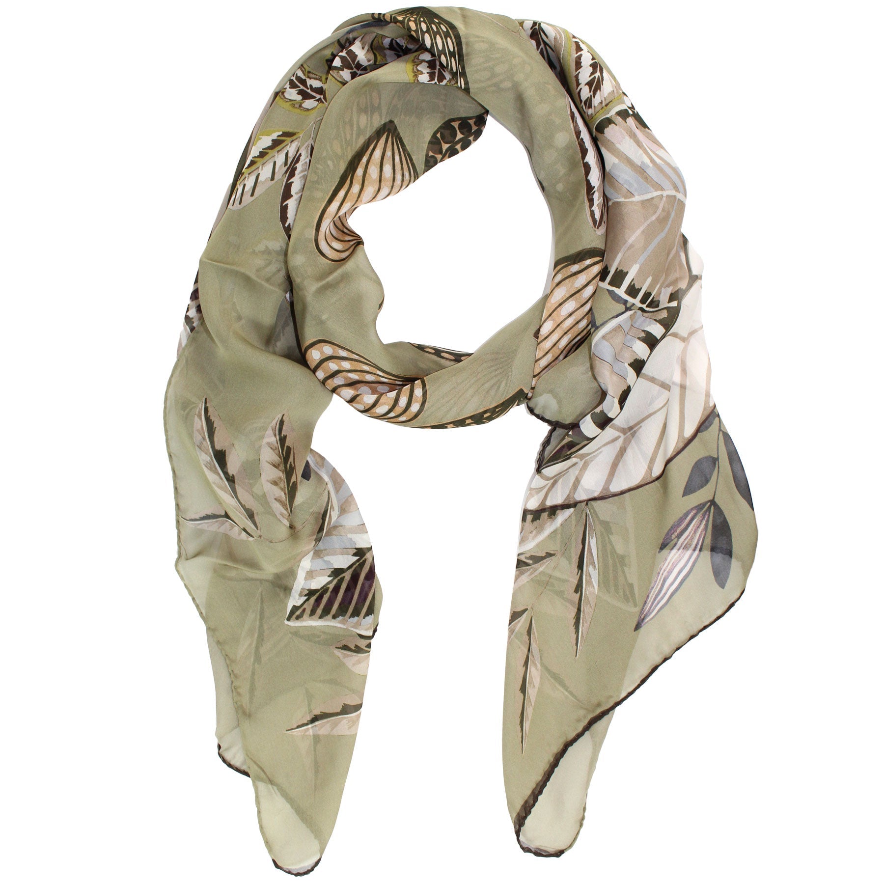 Elie Saab Scarf Olive Beige Leaves Design - Chiffon Silk Shawl