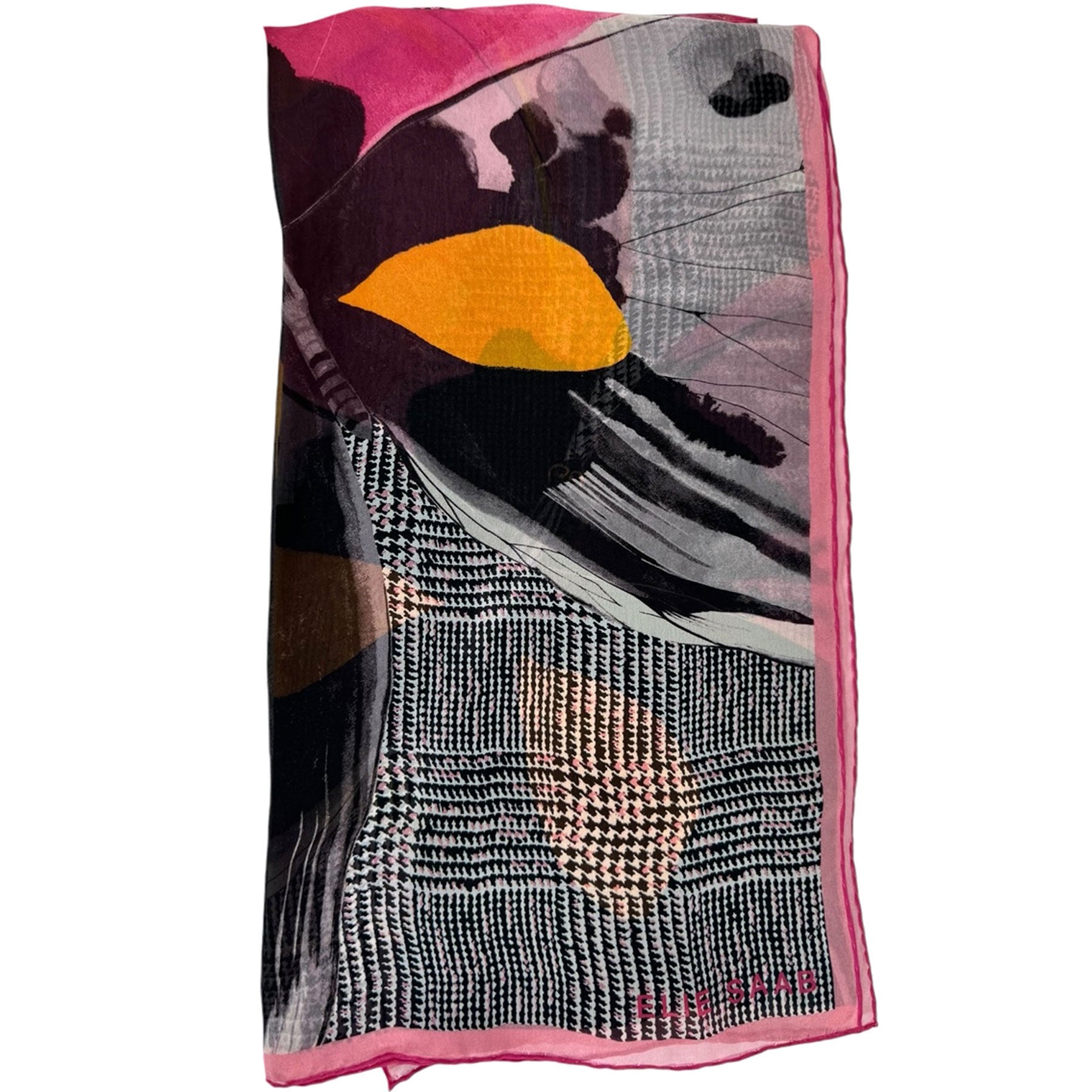 Elie Saab Scarf Pink Orange Glen Check Butterfly Design - Chiffon Silk Designer Shawl