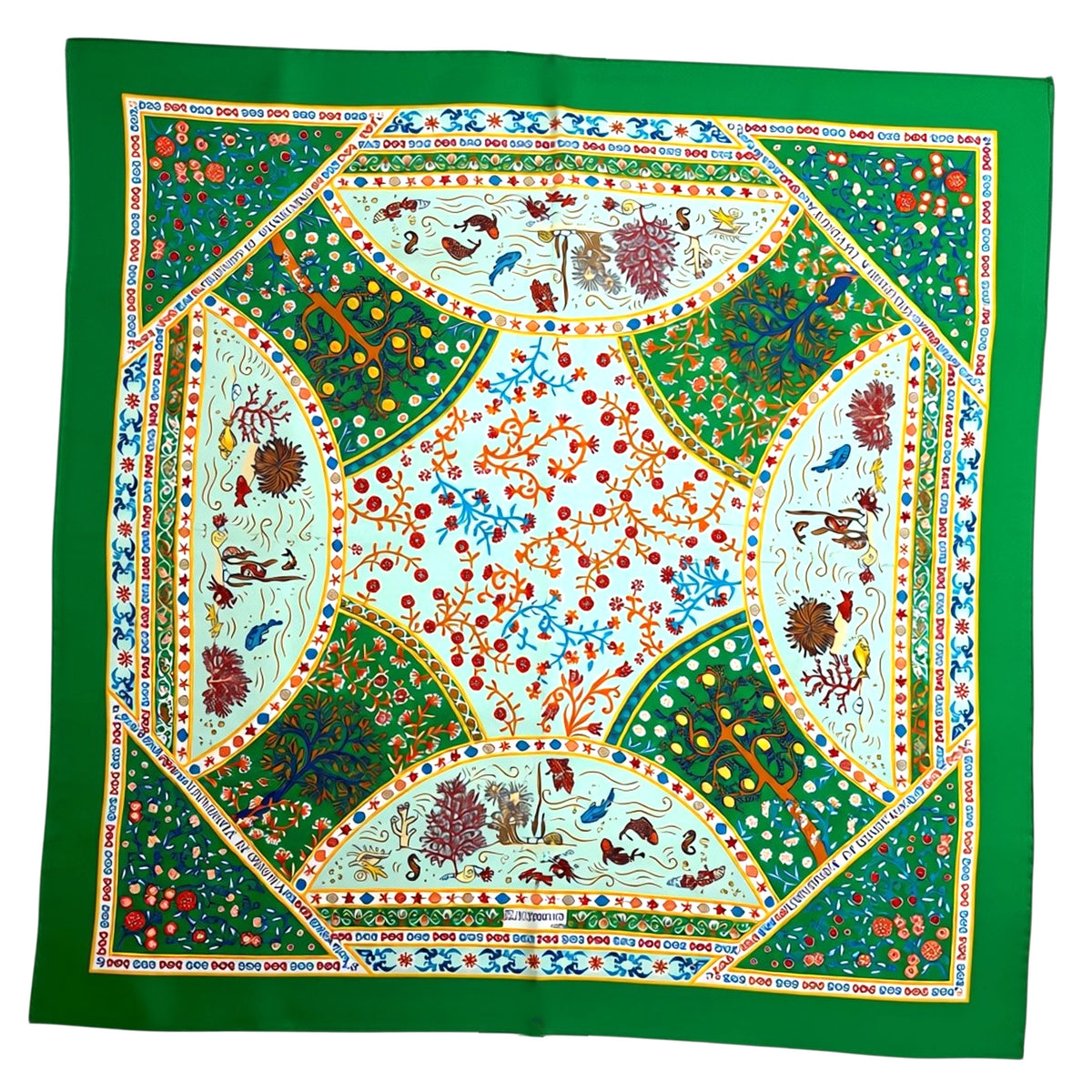 E. Marinella Scarf Green Marine Life &amp; Floral Twill Silk Square Foulard BLACK FRIDAY SALE