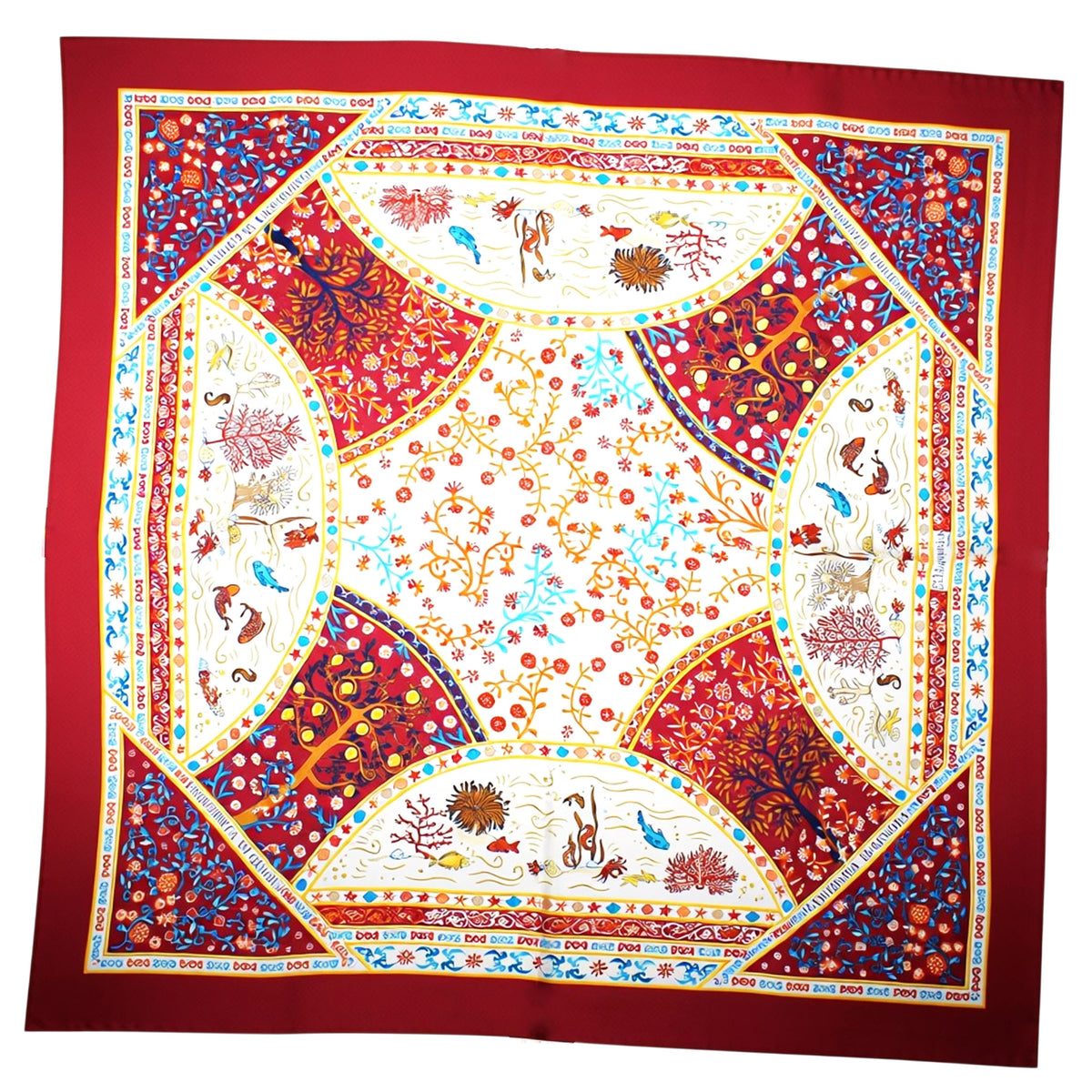 E. Marinella Scarf Bordeaux Marine Life &amp; Floral - Twill Silk Foulard FINAL SALE