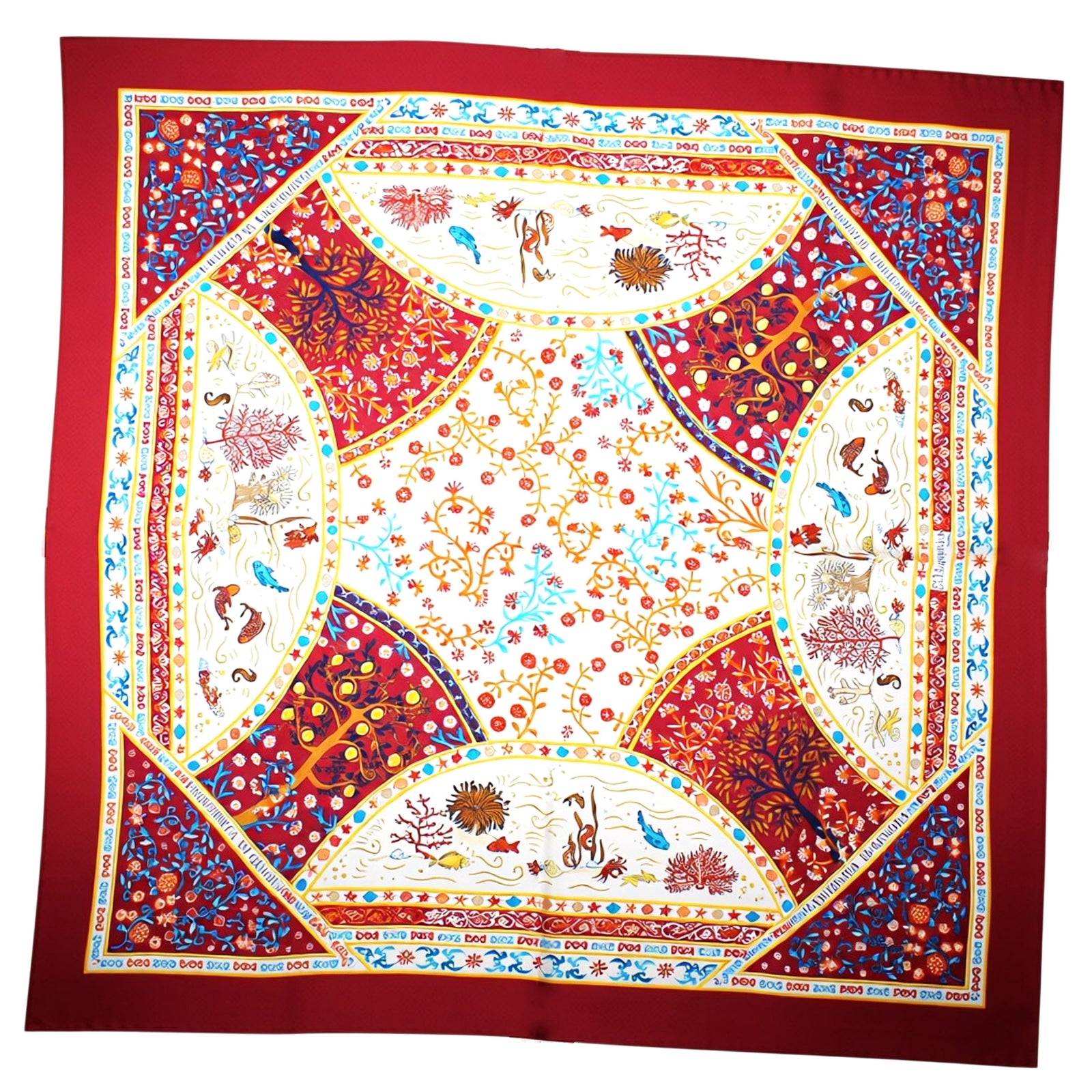 E. Marinella Scarf Bordeaux Marine Life & Floral - Twill Silk Foulard FINAL SALE
