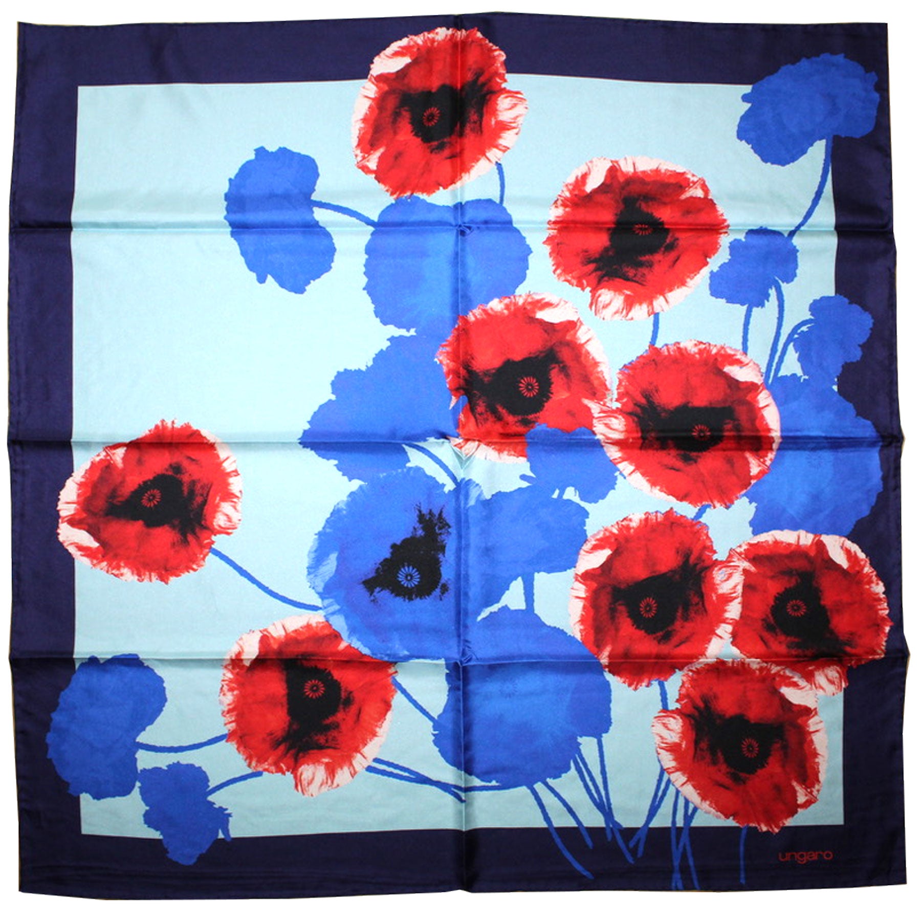 Ungaro Scarf Red Royal Blue Sky Blue Floral - Twill Silk Square Foulard